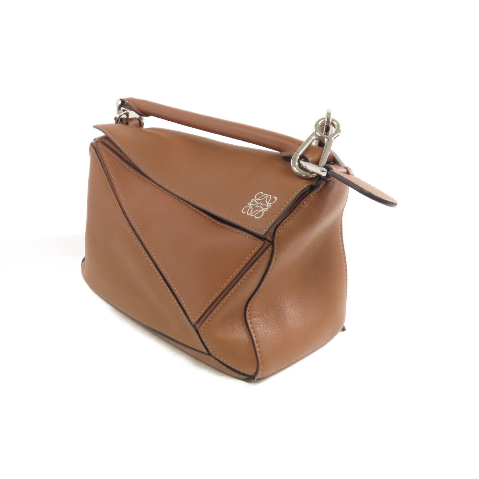 LOEWE 牛皮皮革Small Puzzle Bag銀扣手挽肩背兩用袋啡色