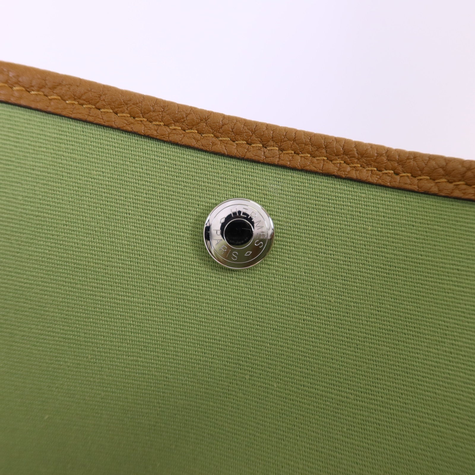 HERMES Negonda皮革/帆布Garden Party PM銀扣手挽袋Vert Criquet/Ocre