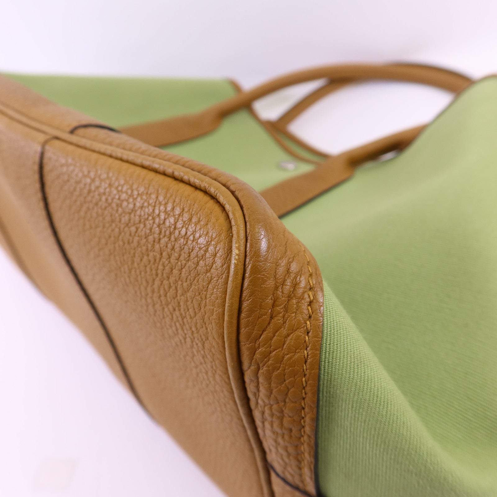 HERMES Negonda皮革/帆布Garden Party PM銀扣手挽袋Vert Criquet/Ocre