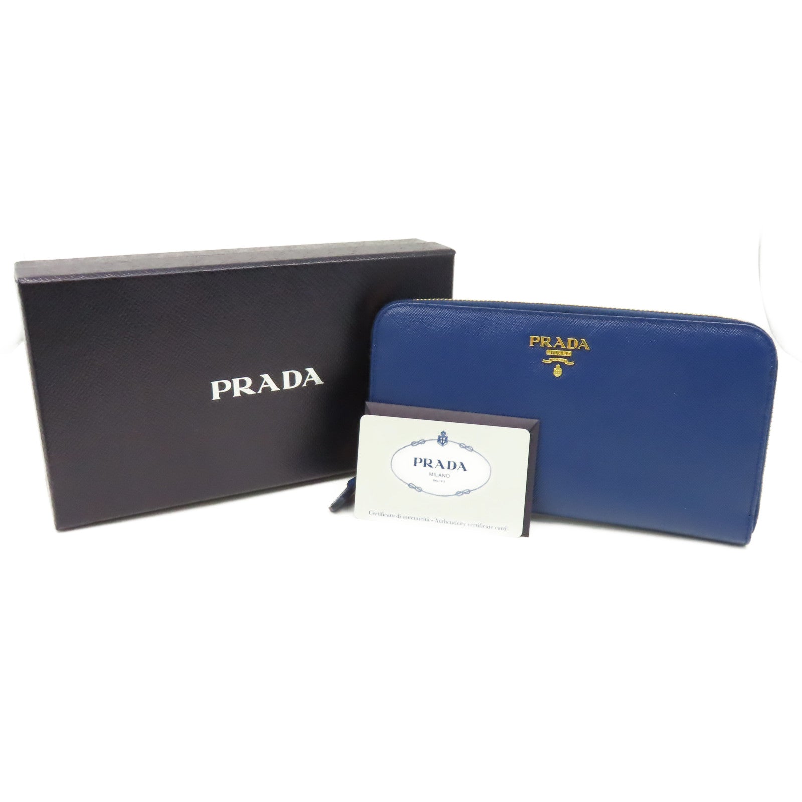 PRADA 【清倉大減價】Saffiano皮革Round Long Wallet金扣拉鏈長錢包藍色