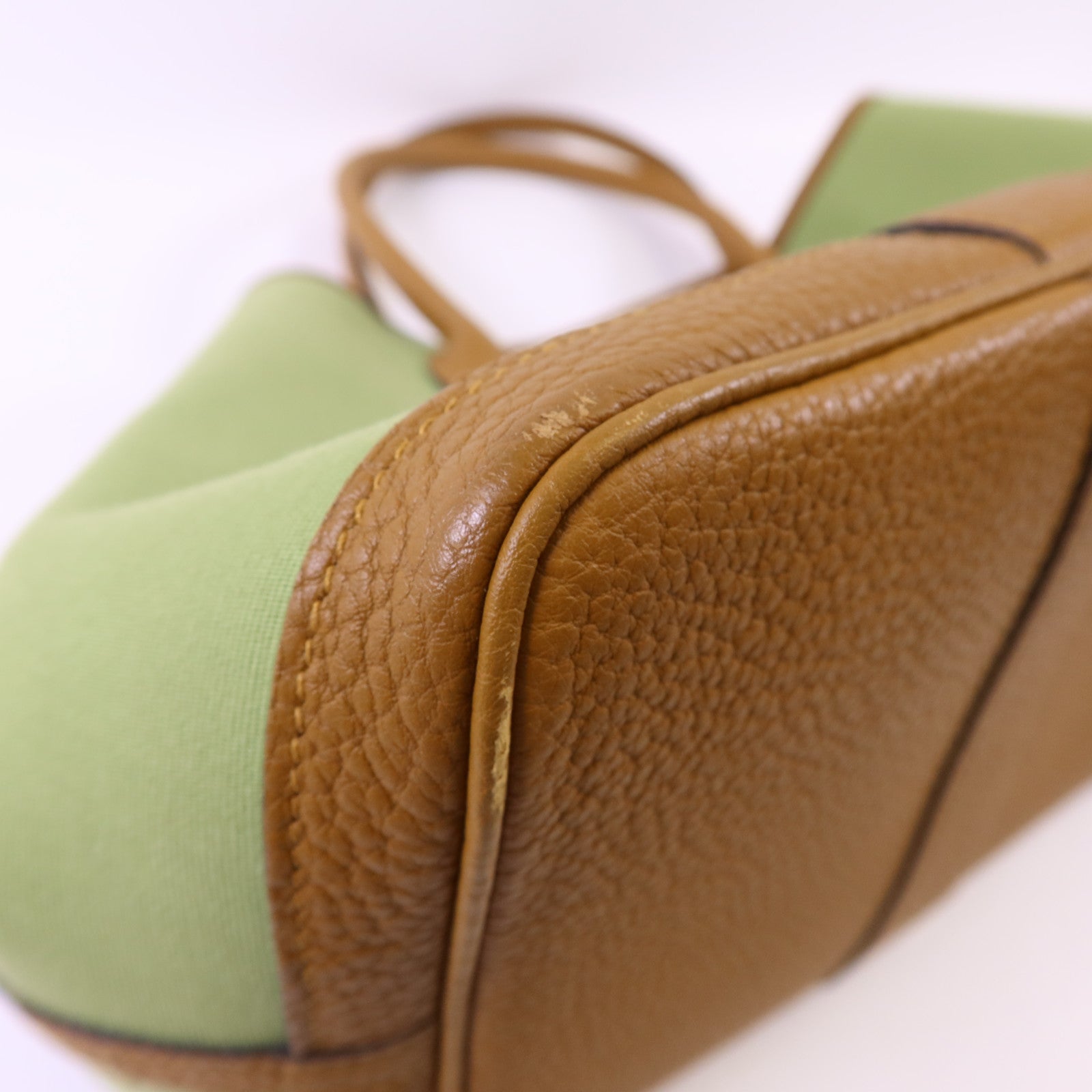 HERMES Negonda皮革/帆布Garden Party PM銀扣手挽袋Vert Criquet/Ocre
