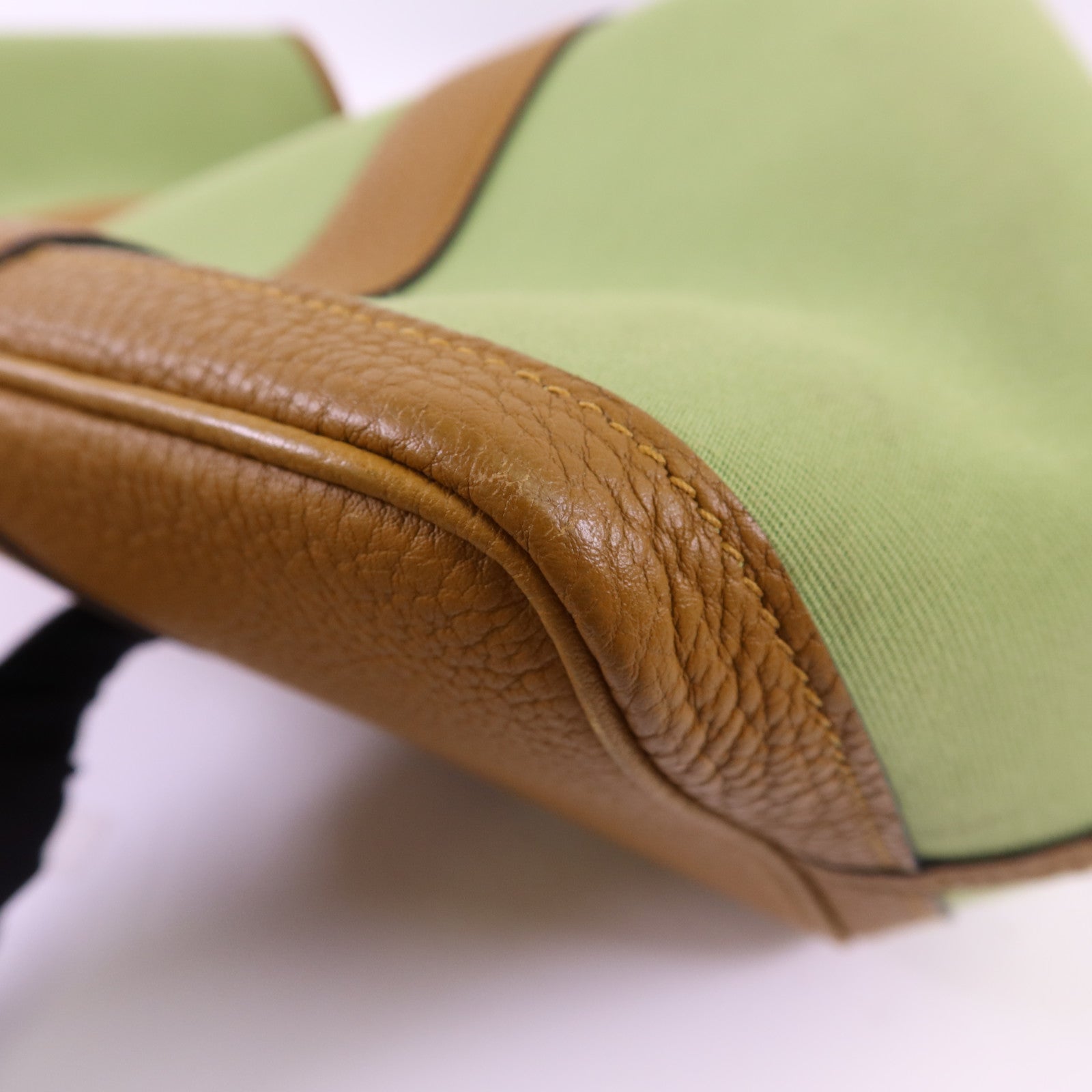 HERMES Negonda皮革/帆布Garden Party PM銀扣手挽袋Vert Criquet/Ocre