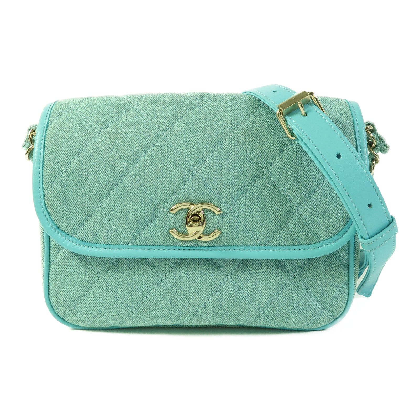 CHANEL 牛仔布料Small Messenger Flap Bag金扣鏈帶肩背袋