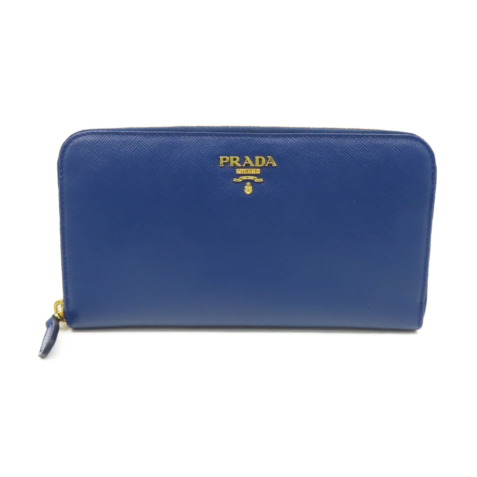 PRADA 【清倉大減價】Saffiano皮革Round Long Wallet金扣拉鏈長錢包藍色