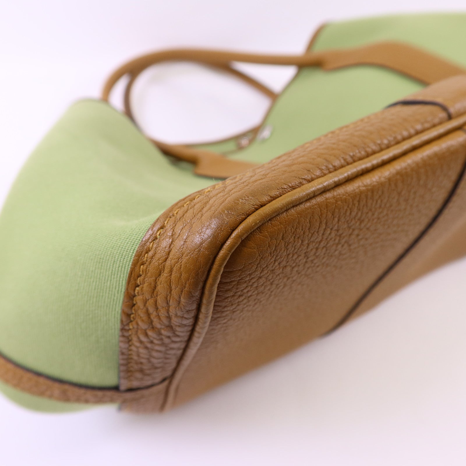 HERMES Negonda皮革/帆布Garden Party PM銀扣手挽袋Vert Criquet/Ocre