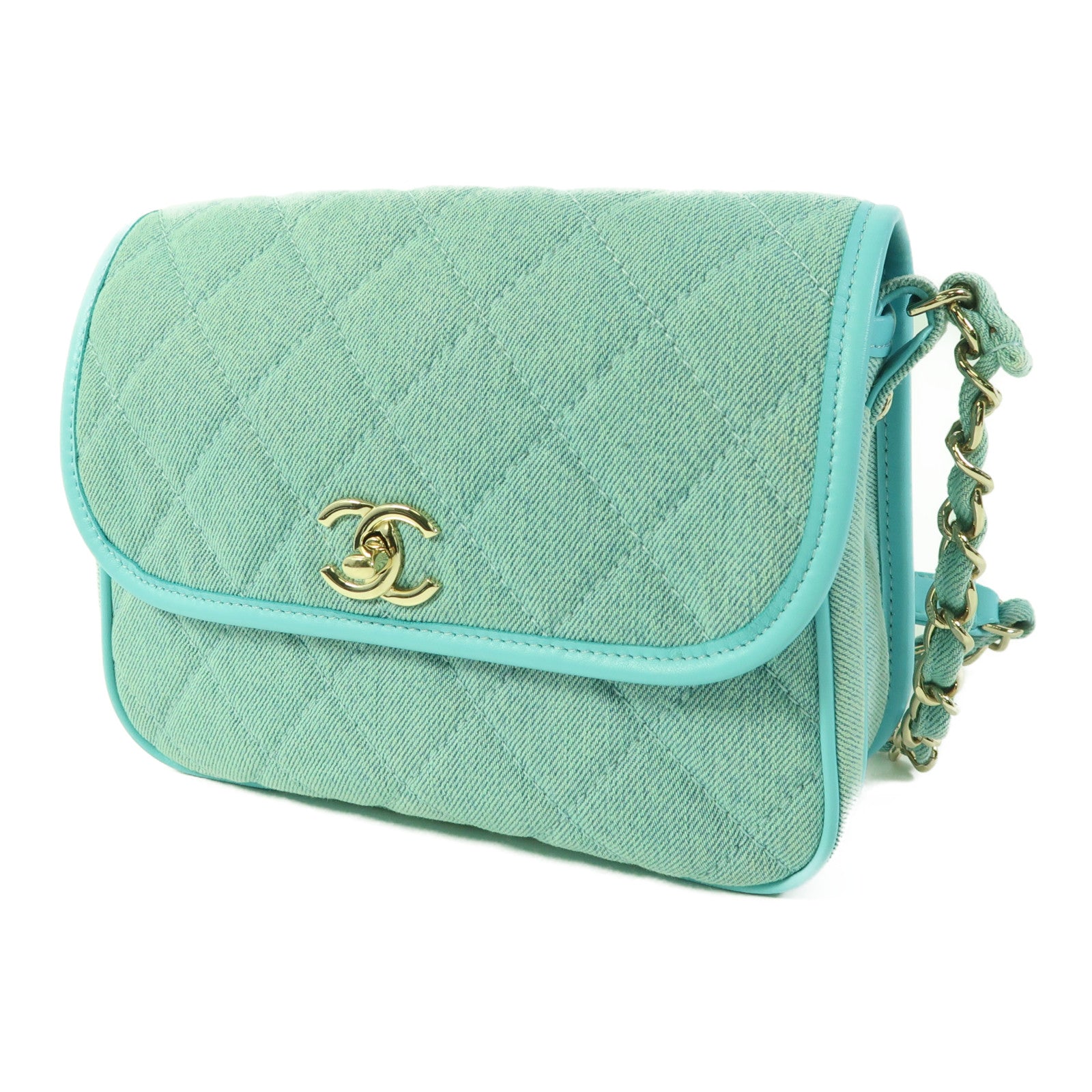 CHANEL 牛仔布料Small Messenger Flap Bag金扣鏈帶肩背袋