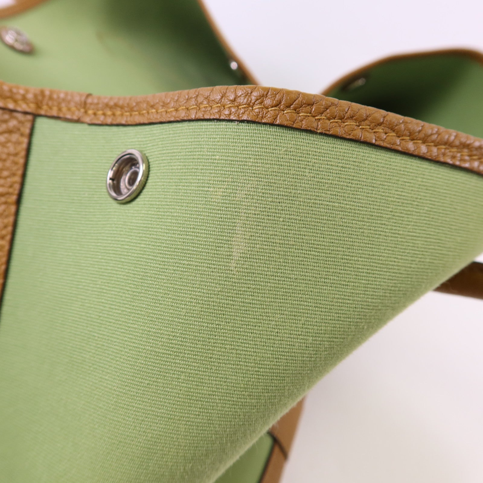 HERMES Negonda皮革/帆布Garden Party PM銀扣手挽袋Vert Criquet/Ocre