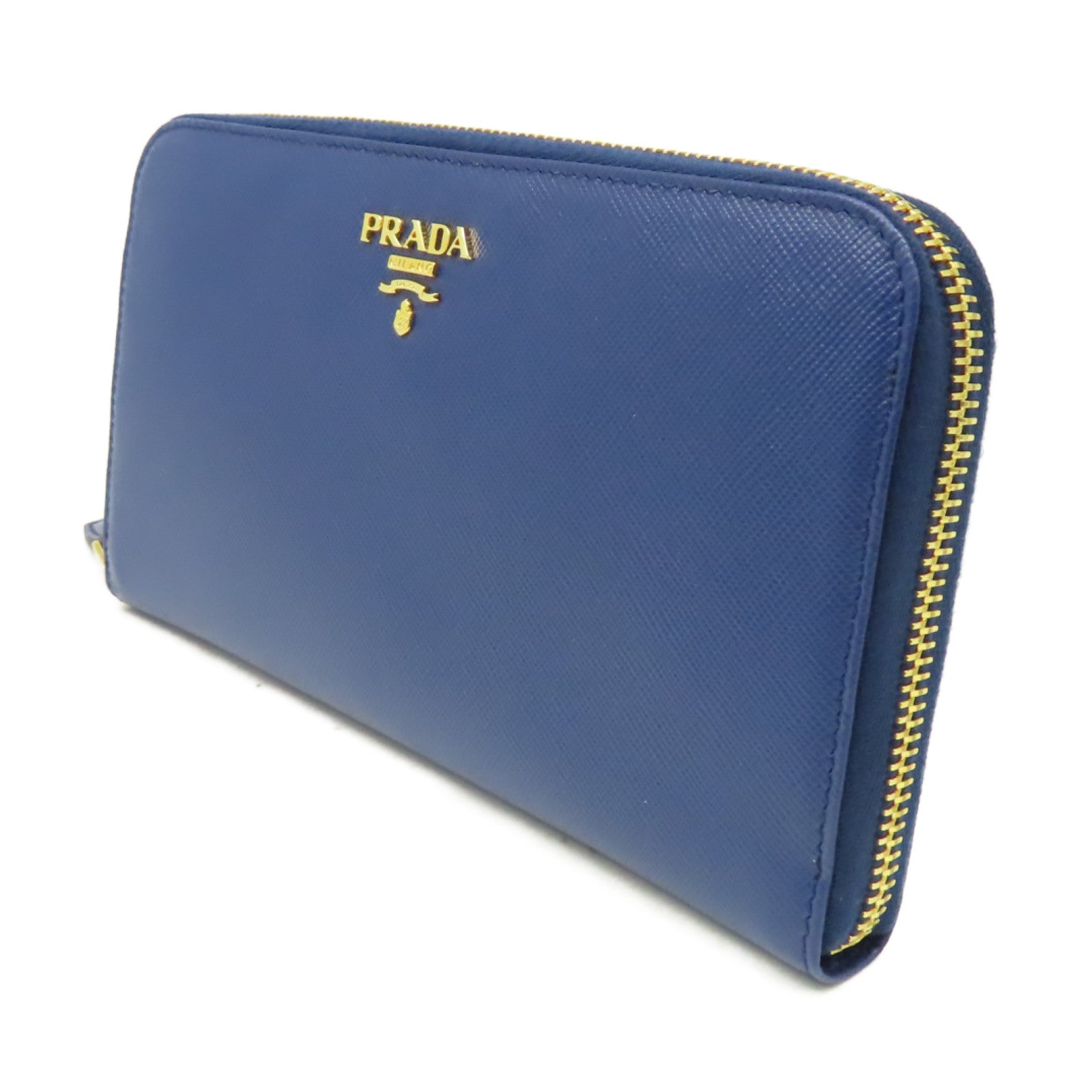 PRADA 【清倉大減價】Saffiano皮革Round Long Wallet金扣拉鏈長錢包藍色