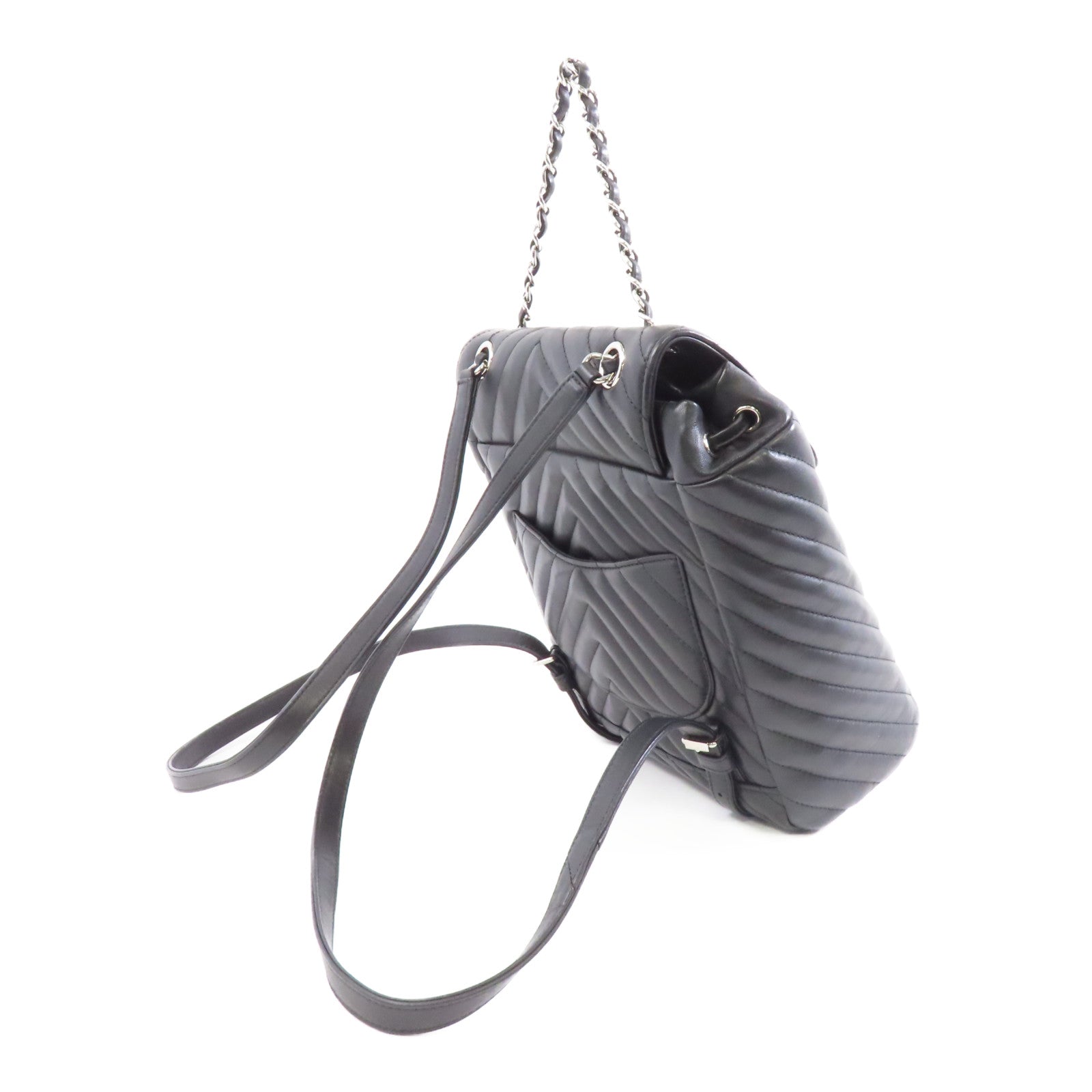 CHANEL 斜紋牛皮皮革Backpack銀扣背包
