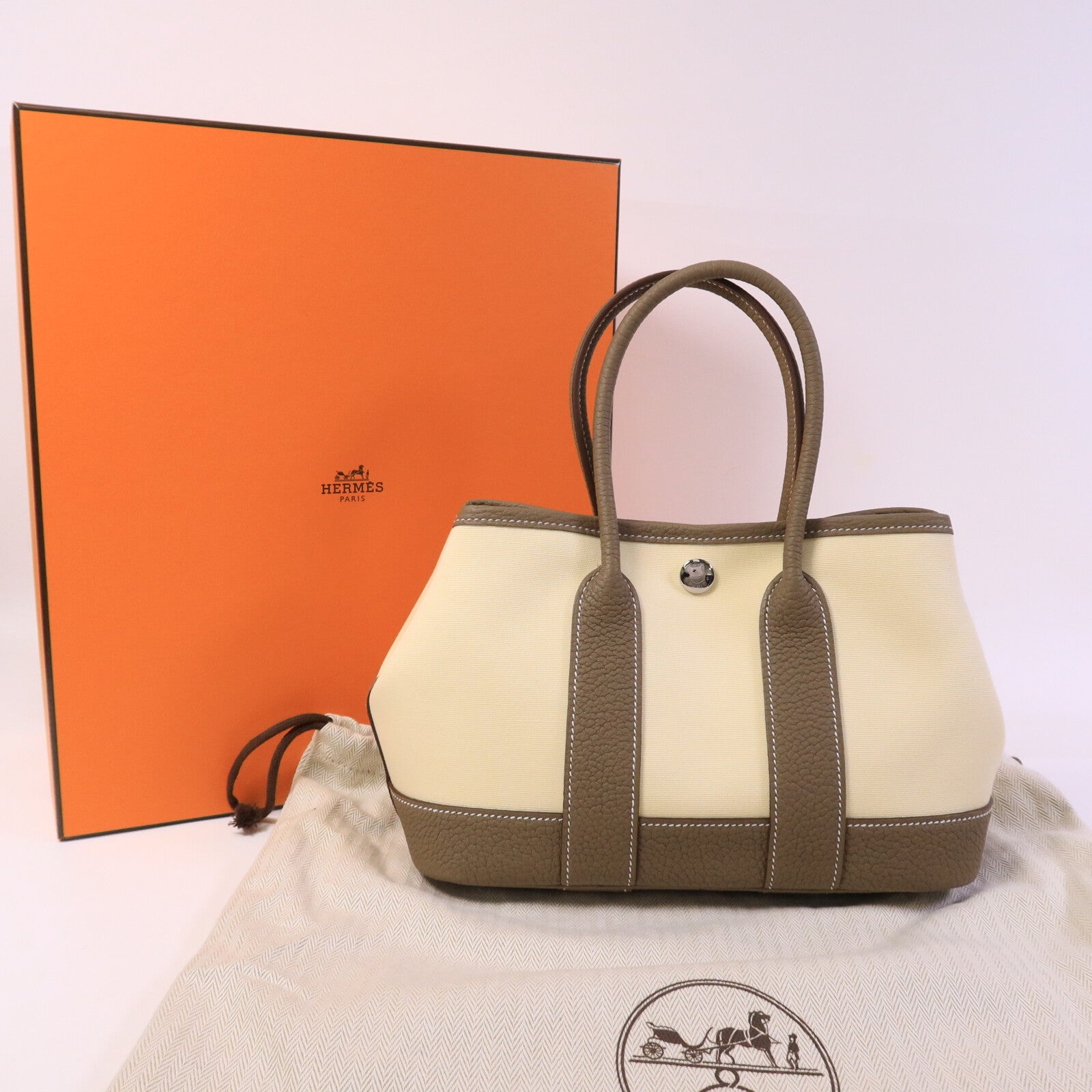 HERMES Officer/Negonda皮革Mini Garden Party手提袋Vanille/Etoupe