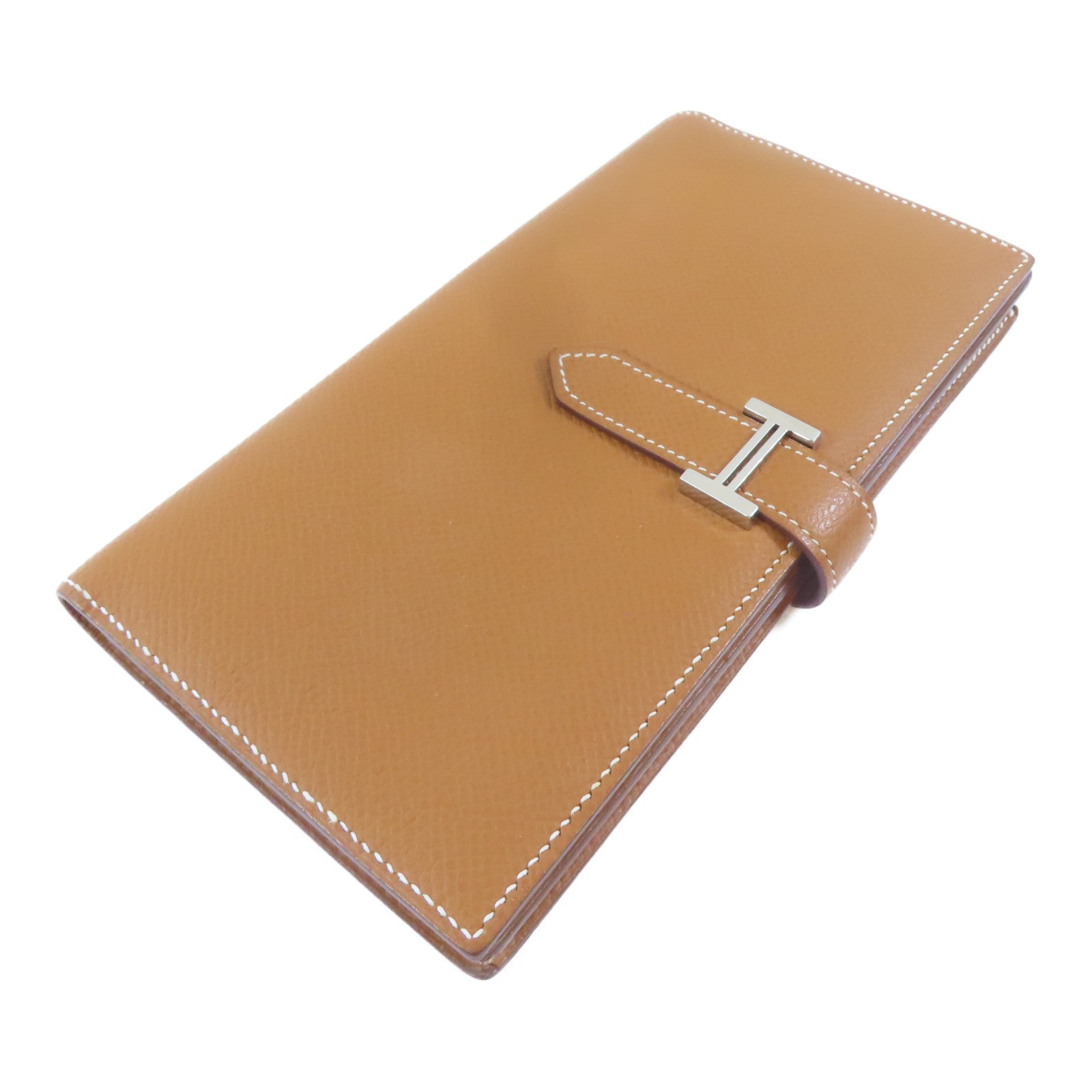 HERMES Epsom皮革Bearn Bifold Wallet銀扣長錢包Gold/金色/啡色