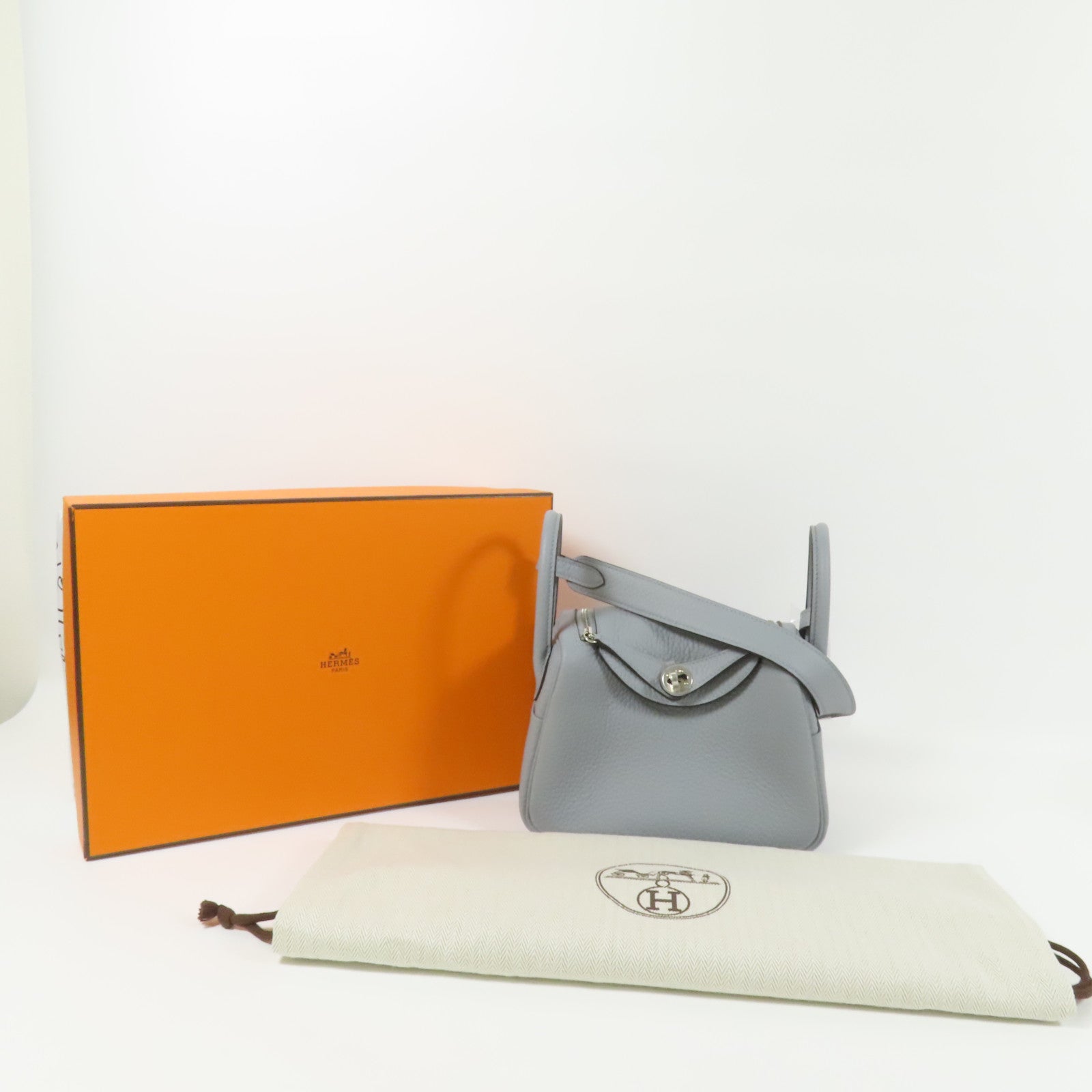 HERMES Clemence皮革Mini Lindy銀扣手挽肩背兩用袋Gris Pantin