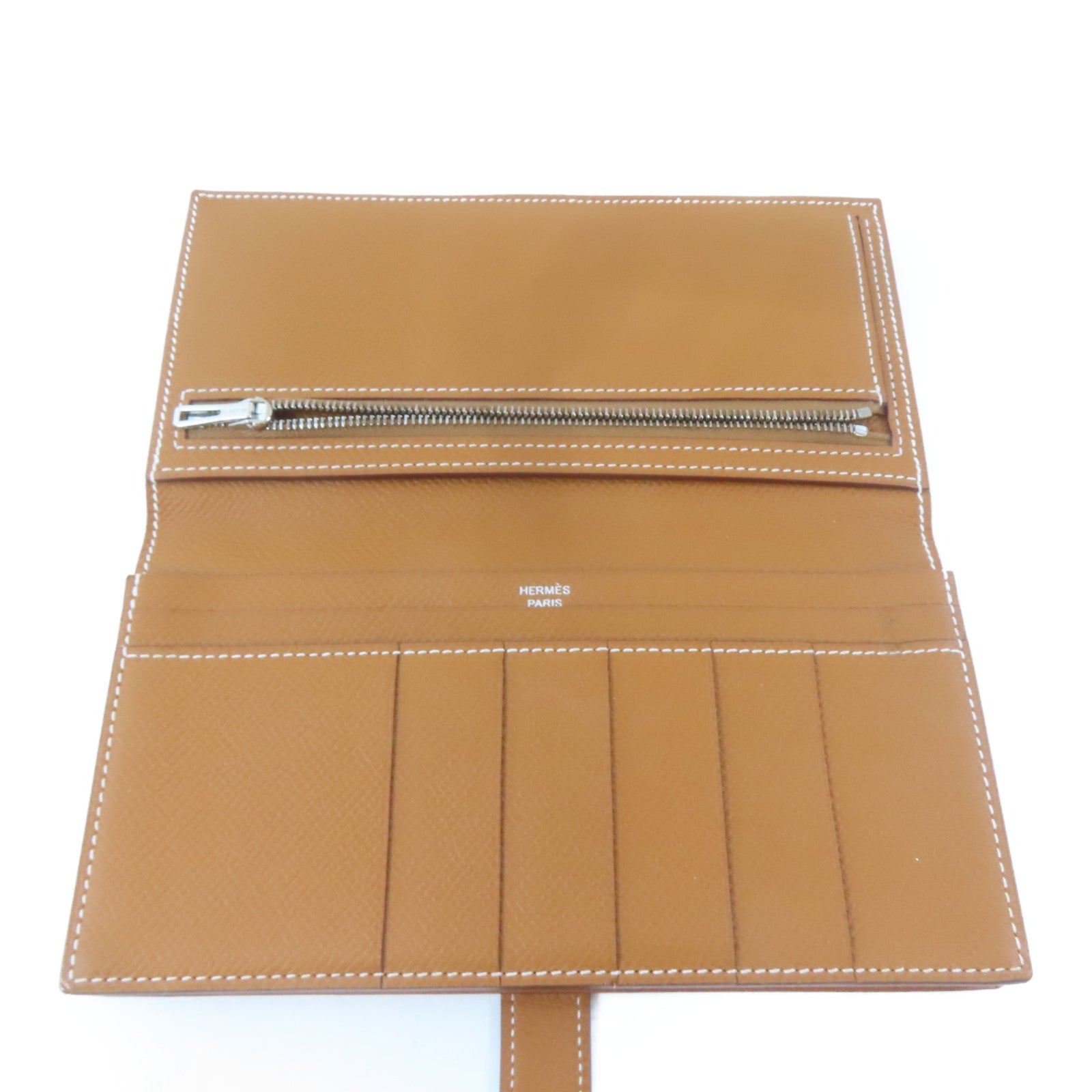 HERMES Epsom皮革Bearn Bifold Wallet銀扣長錢包Gold/金色/啡色