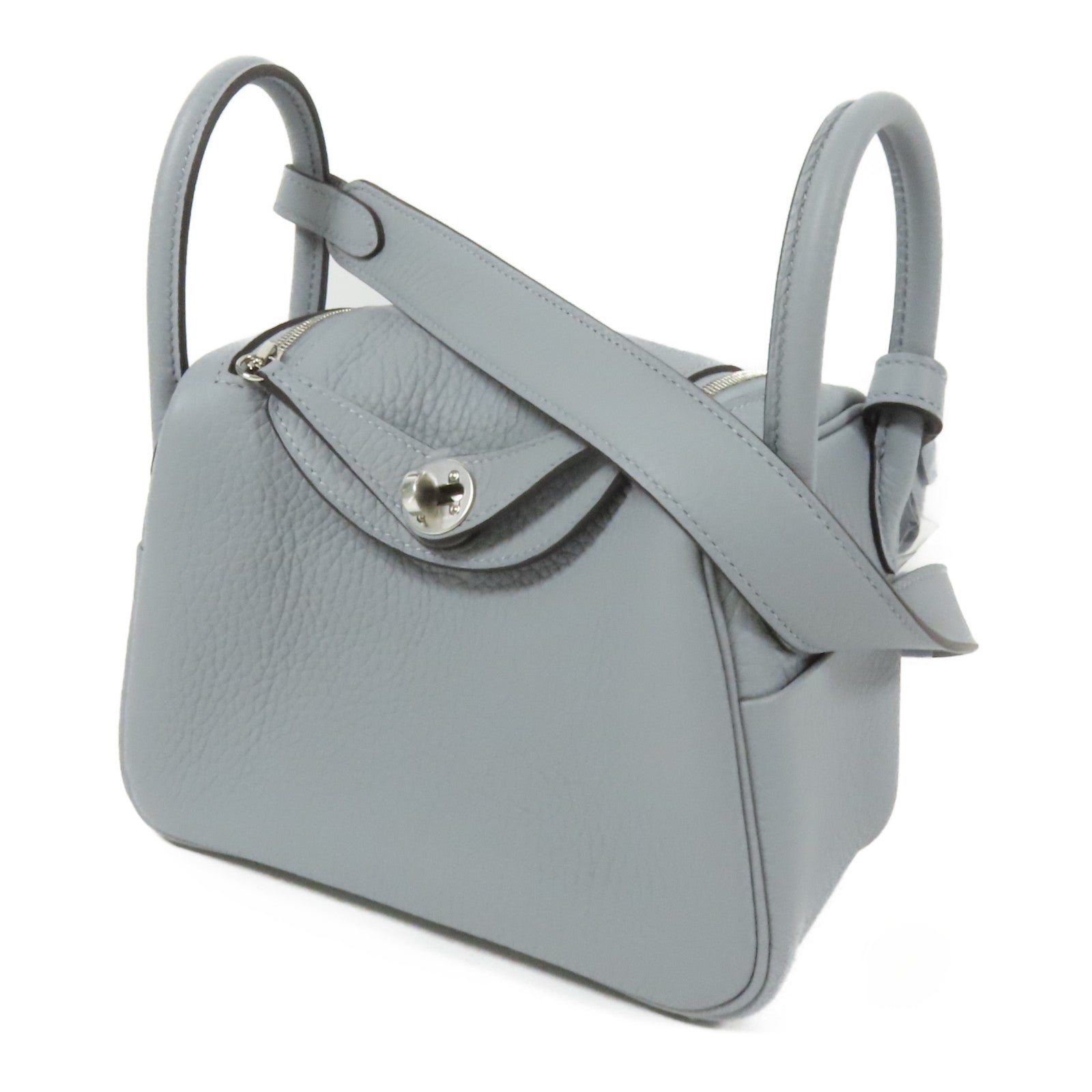 HERMES Clemence皮革Mini Lindy銀扣手挽肩背兩用袋Gris Pantin