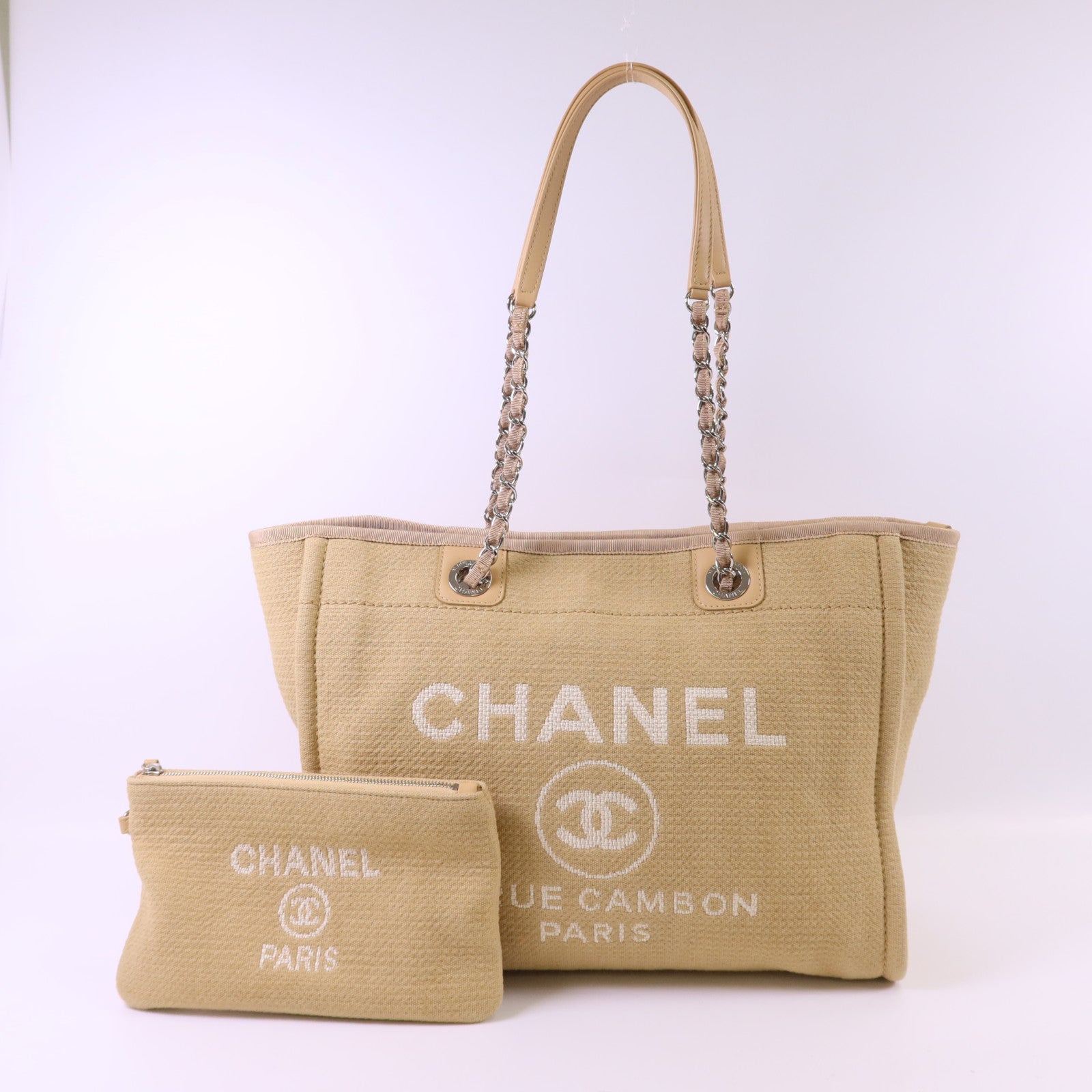 CHANEL 【激減優惠】帆布Deauville Tote Bag銀扣鏈帶肩背袋