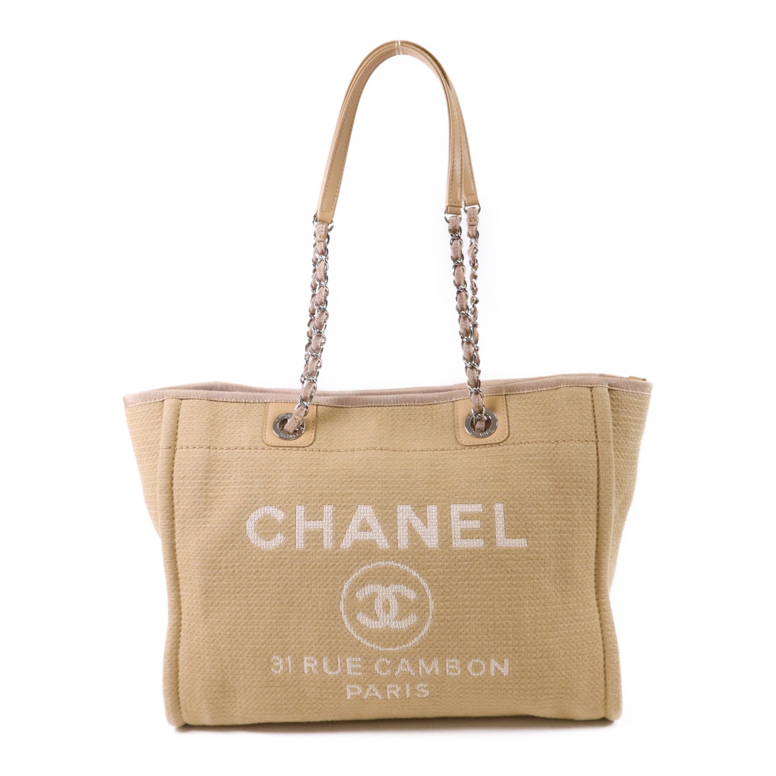 CHANEL 【激減優惠】帆布Deauville Tote Bag銀扣鏈帶肩背袋