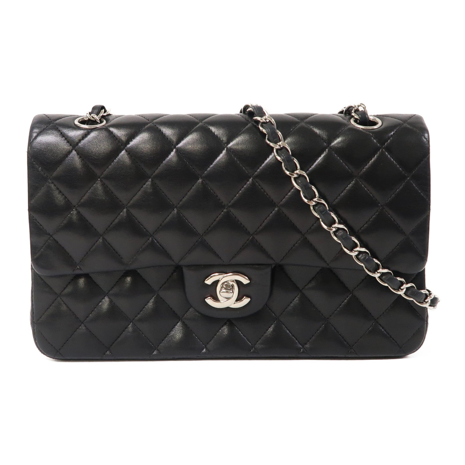CHANEL 【激減優惠】菱格羊皮皮革Classic Flap 25銀扣鏈帶肩背袋黑色