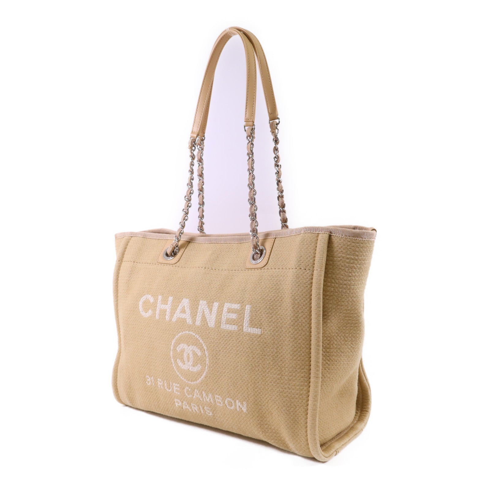 CHANEL 【激減優惠】帆布Deauville Tote Bag銀扣鏈帶肩背袋