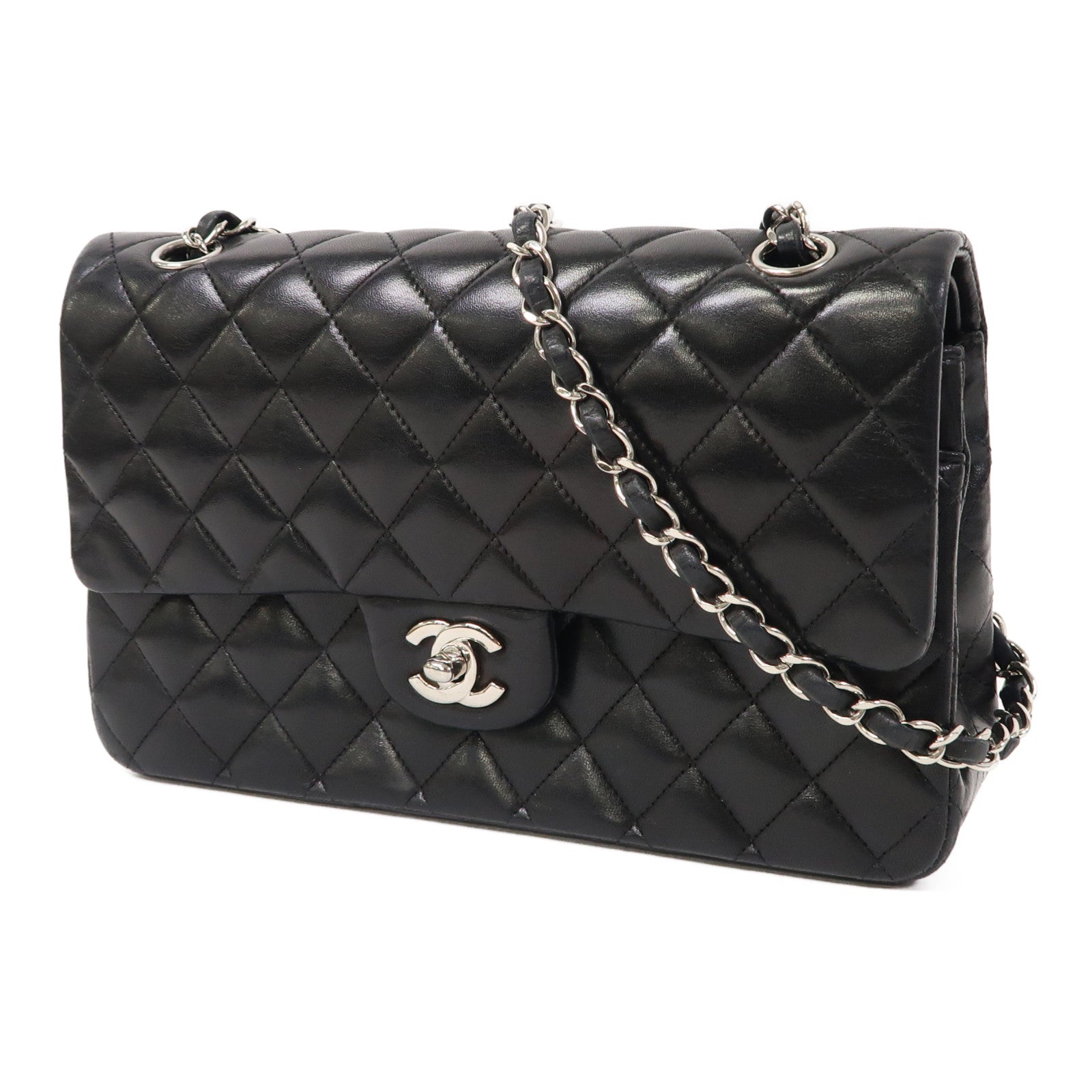 CHANEL 【激減優惠】菱格羊皮皮革Classic Flap 25銀扣鏈帶肩背袋黑色