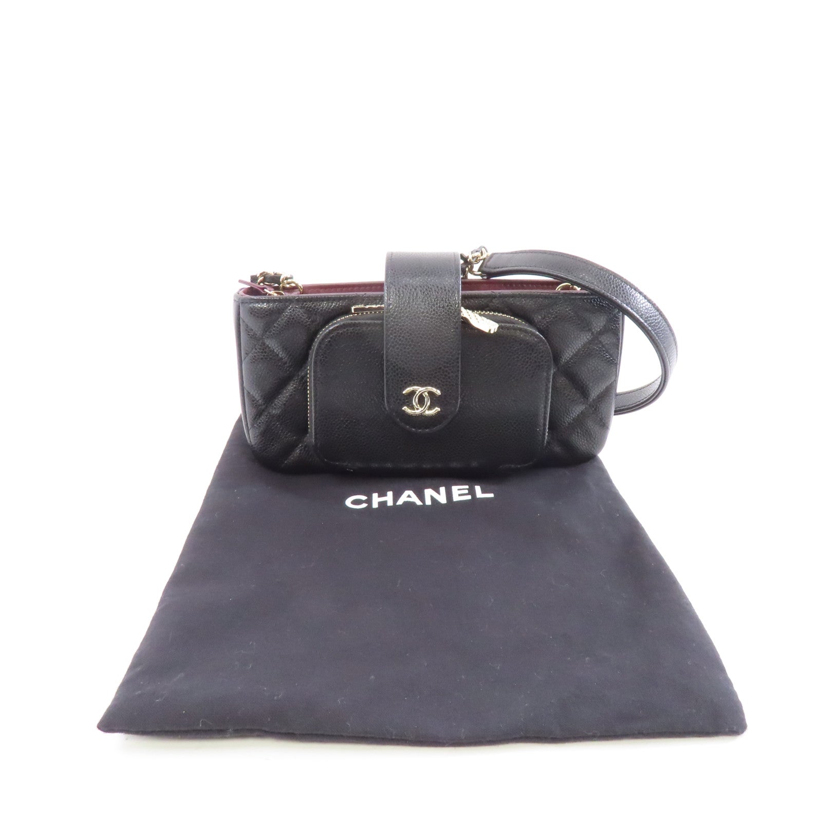 CHANEL 菱格Caviar皮革Affinity Phone Bag金扣鏈帶肩背袋黑色