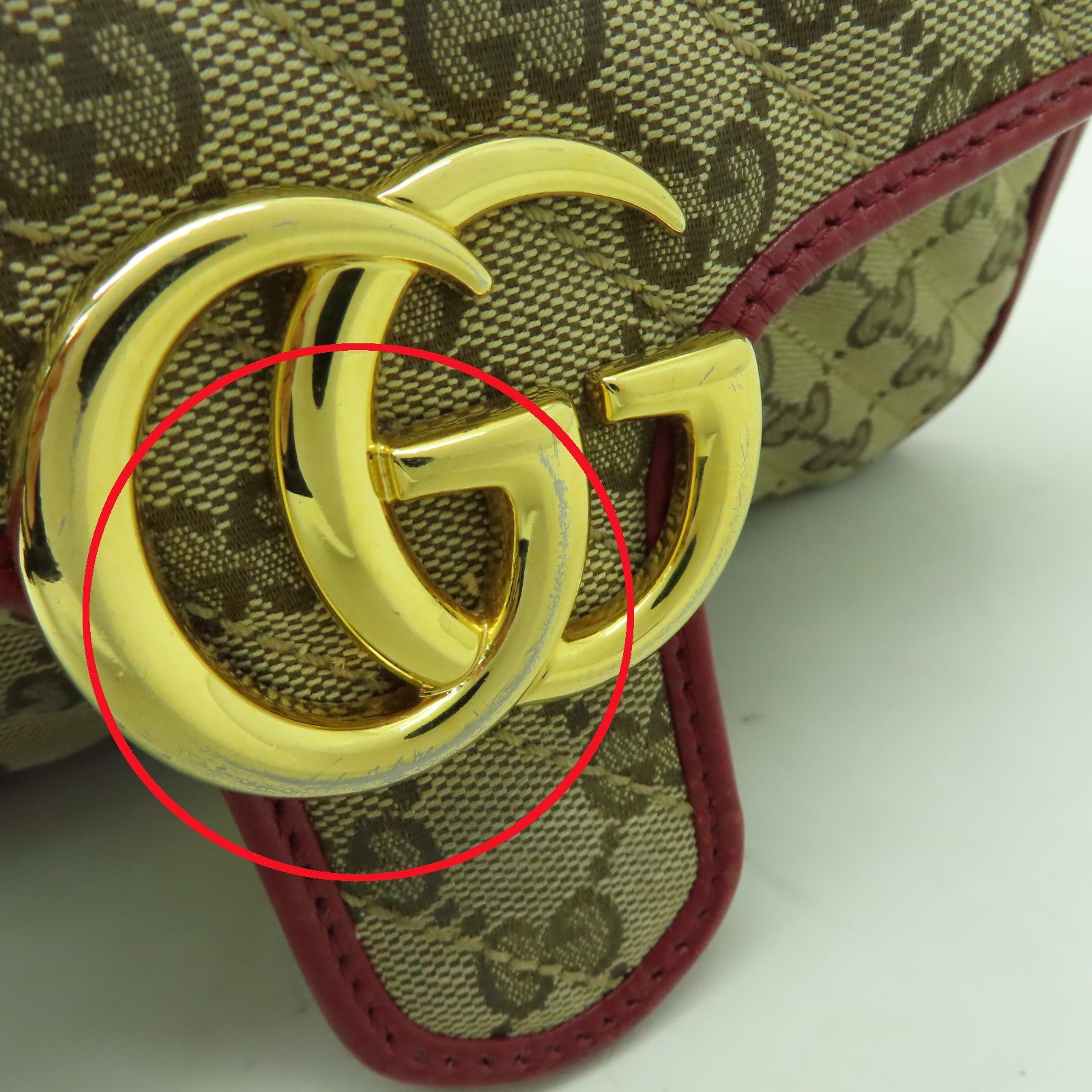 GUCCI 帆布Shoulder Bag金扣鏈帶肩背袋啡色/紅色