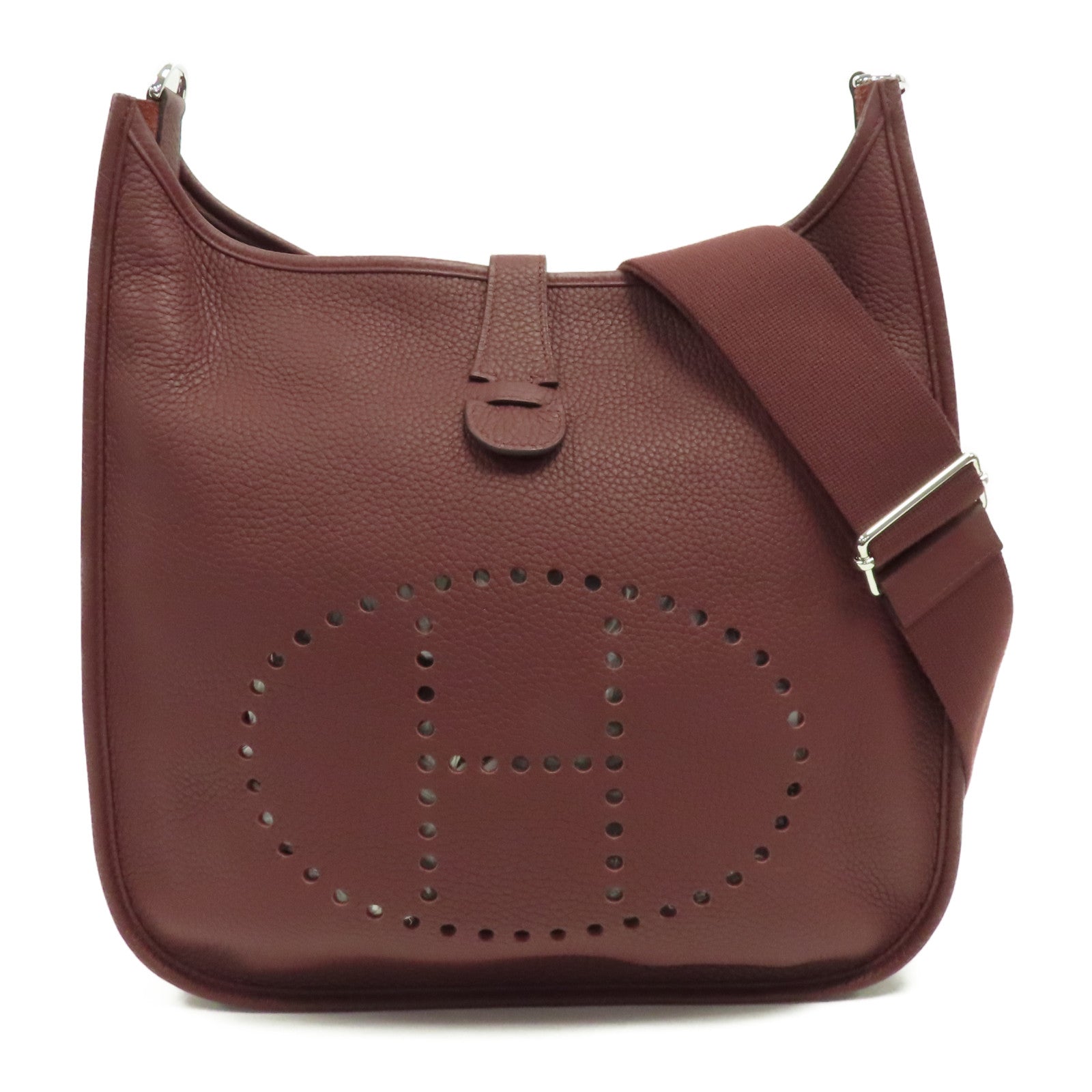HERMES Clemence皮革Evelyne PM銀扣肩背袋酒紅色/Bordeaux