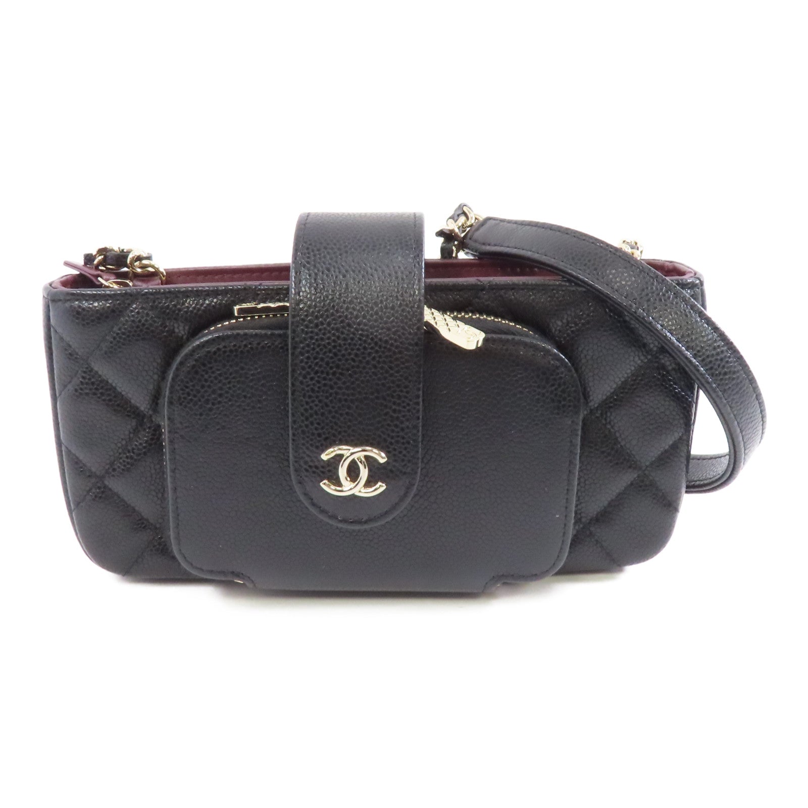CHANEL 菱格Caviar皮革Affinity Phone Bag金扣鏈帶肩背袋黑色