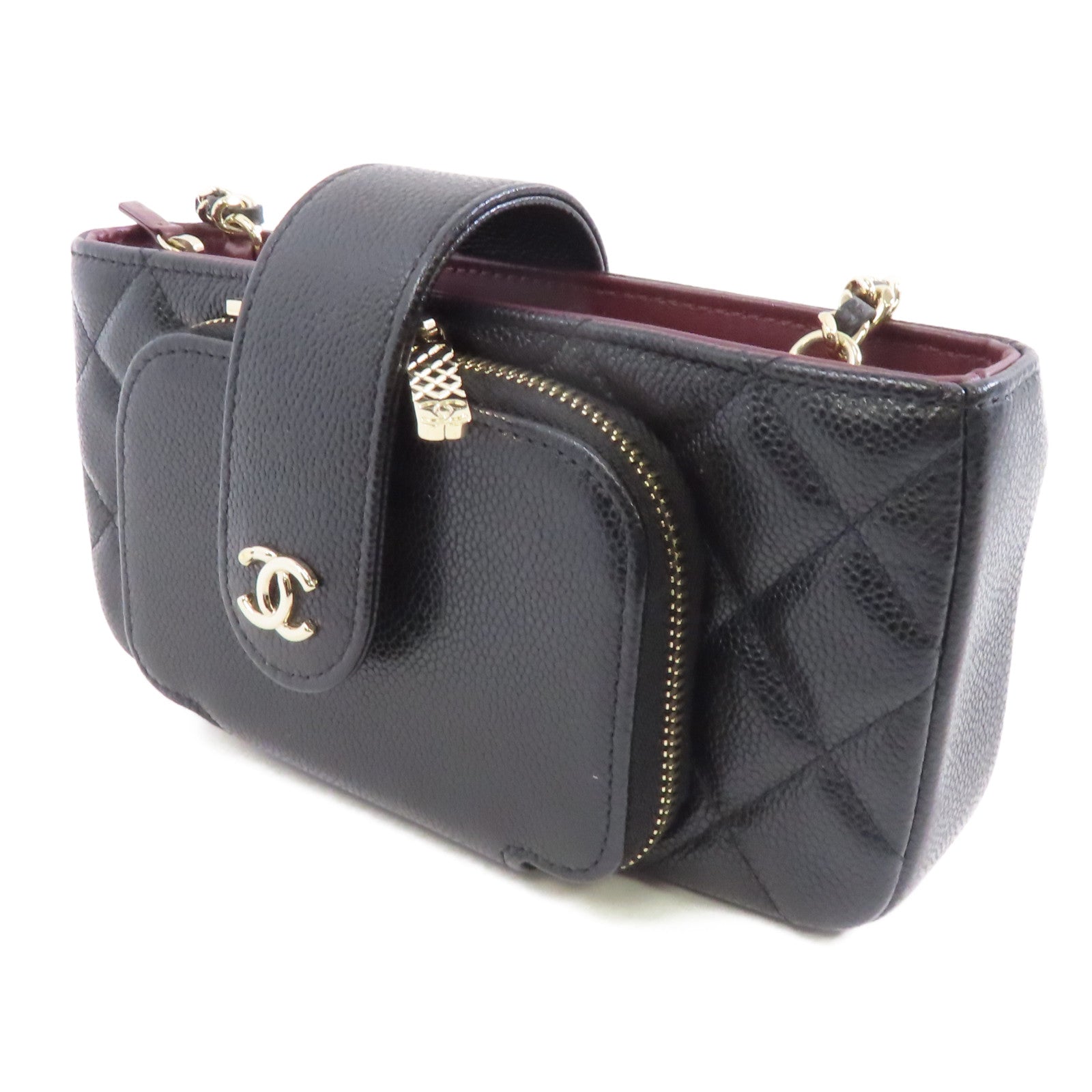 CHANEL 菱格Caviar皮革Affinity Phone Bag金扣鏈帶肩背袋黑色
