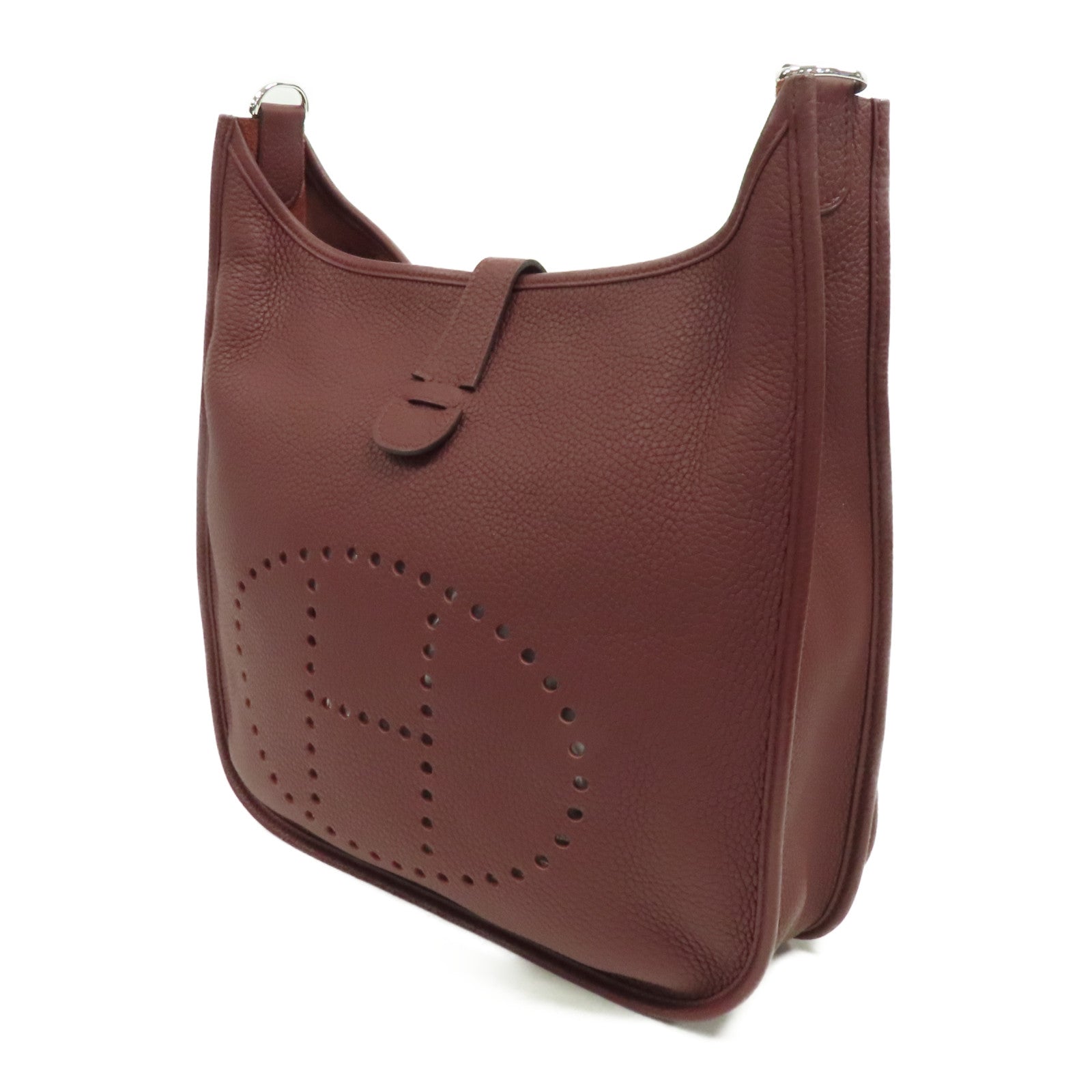 HERMES Clemence皮革Evelyne PM銀扣肩背袋酒紅色/Bordeaux