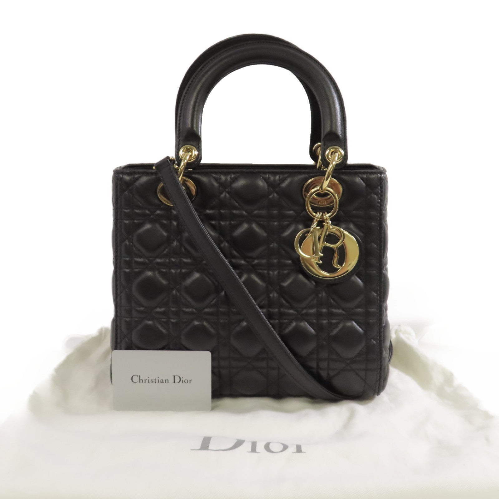 Dior 羊皮皮革Lady Dior 2Way Shoulder Bag金扣手挽肩背兩用袋黑色