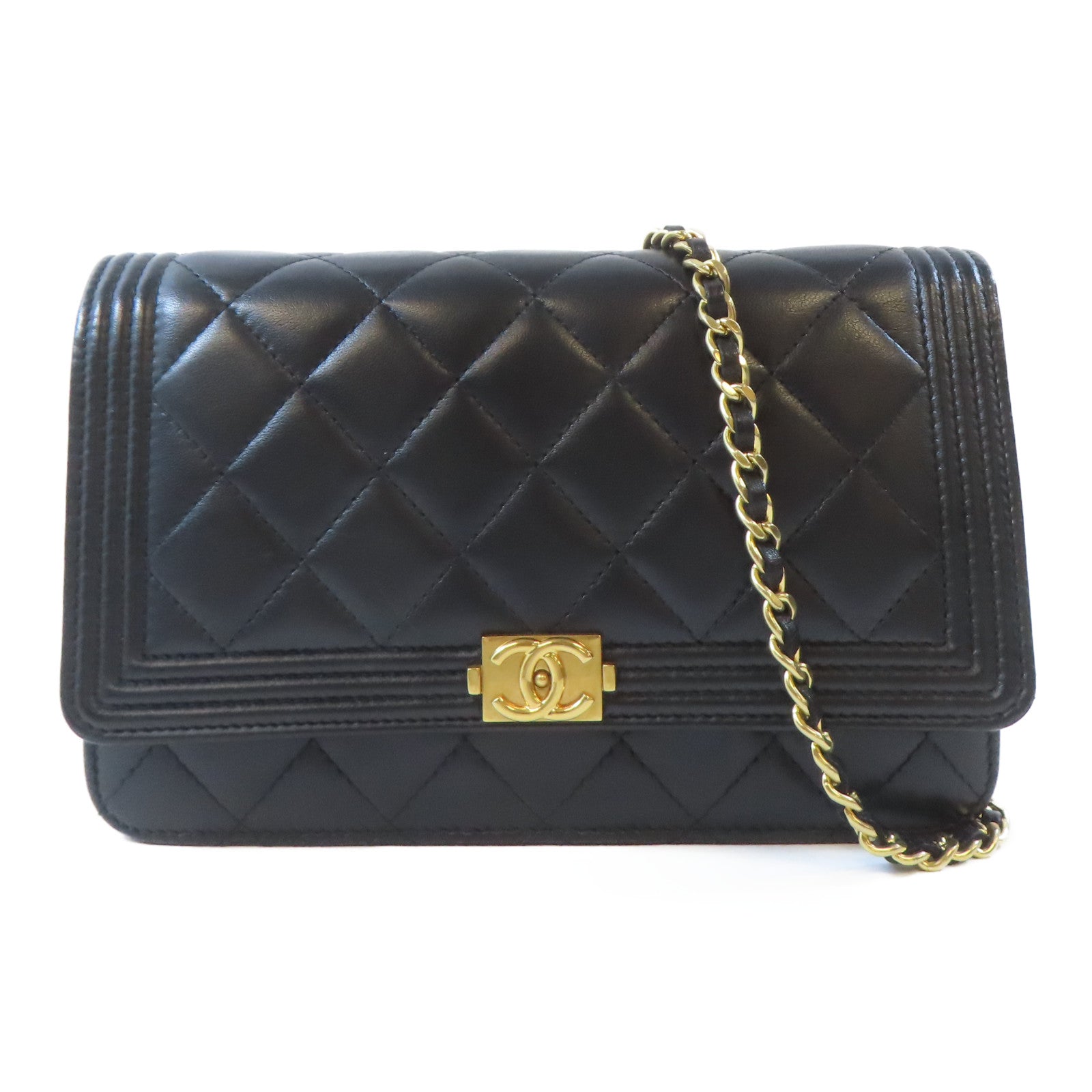 CHANEL 菱格皮革Boy Chanel Wallet On Chain金扣鏈帶肩背袋黑色