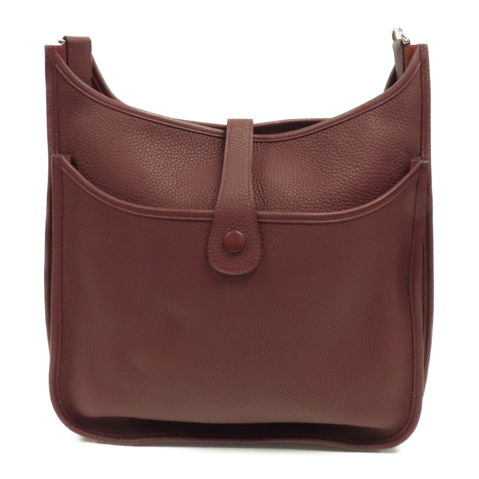 HERMES Clemence皮革Evelyne PM銀扣肩背袋酒紅色/Bordeaux