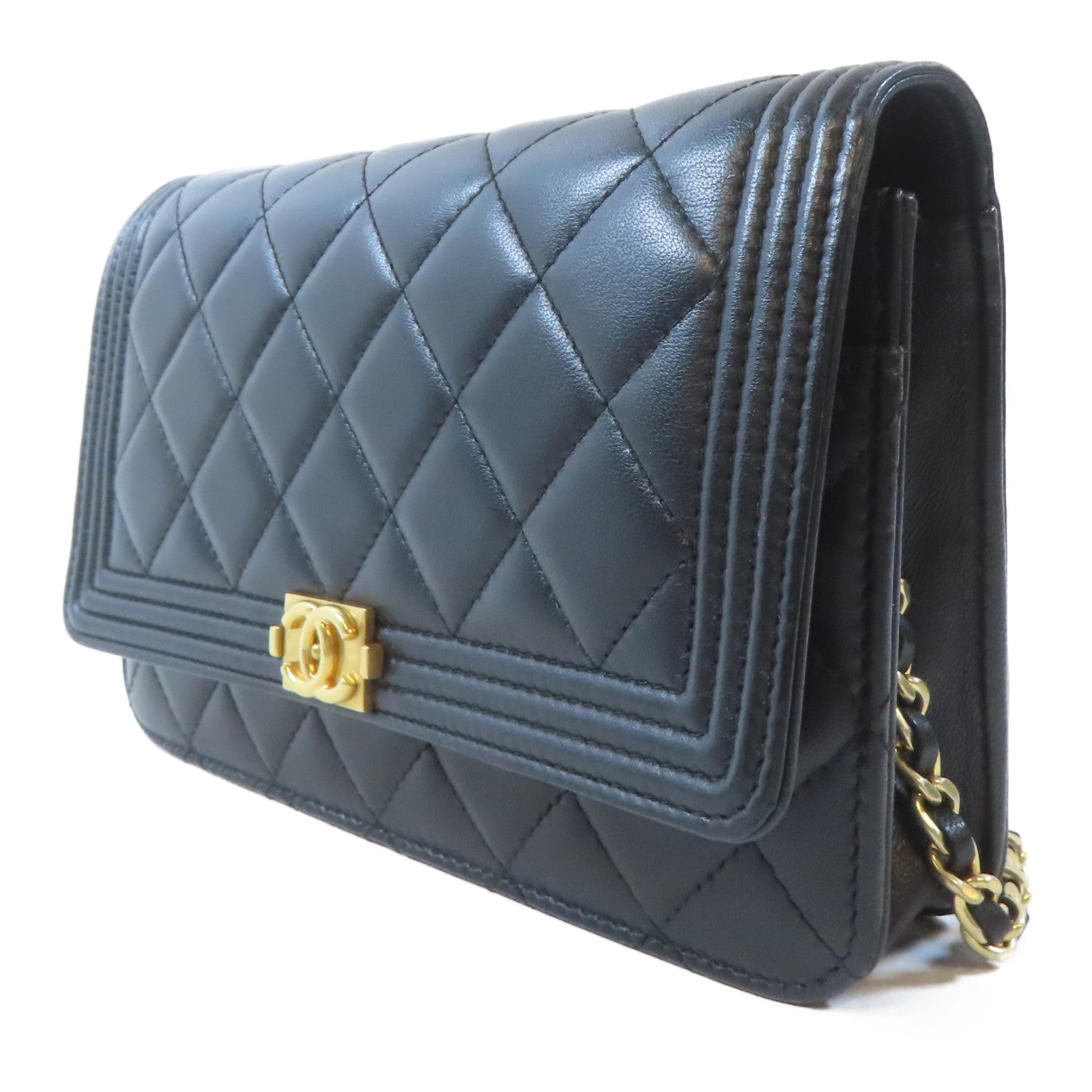 CHANEL 菱格皮革Boy Chanel Wallet On Chain金扣鏈帶肩背袋黑色