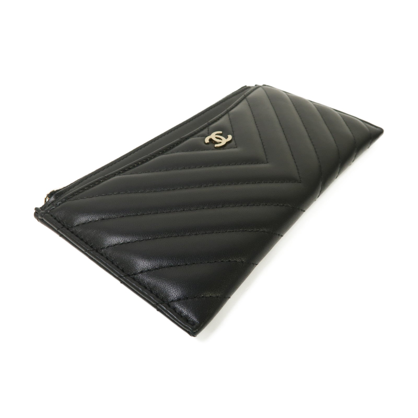 CHANEL 斜紋羊皮皮革Long Zipped Wallet金扣長錢包黑色
