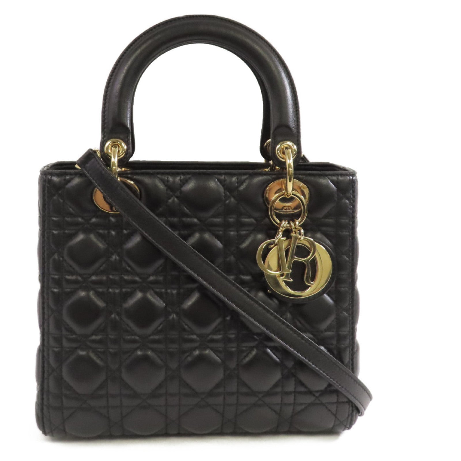 Dior 羊皮皮革Lady Dior 2Way Shoulder Bag金扣手挽肩背兩用袋黑色
