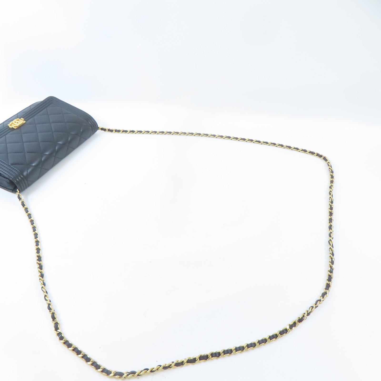 CHANEL 菱格皮革Boy Chanel Wallet On Chain金扣鏈帶肩背袋黑色