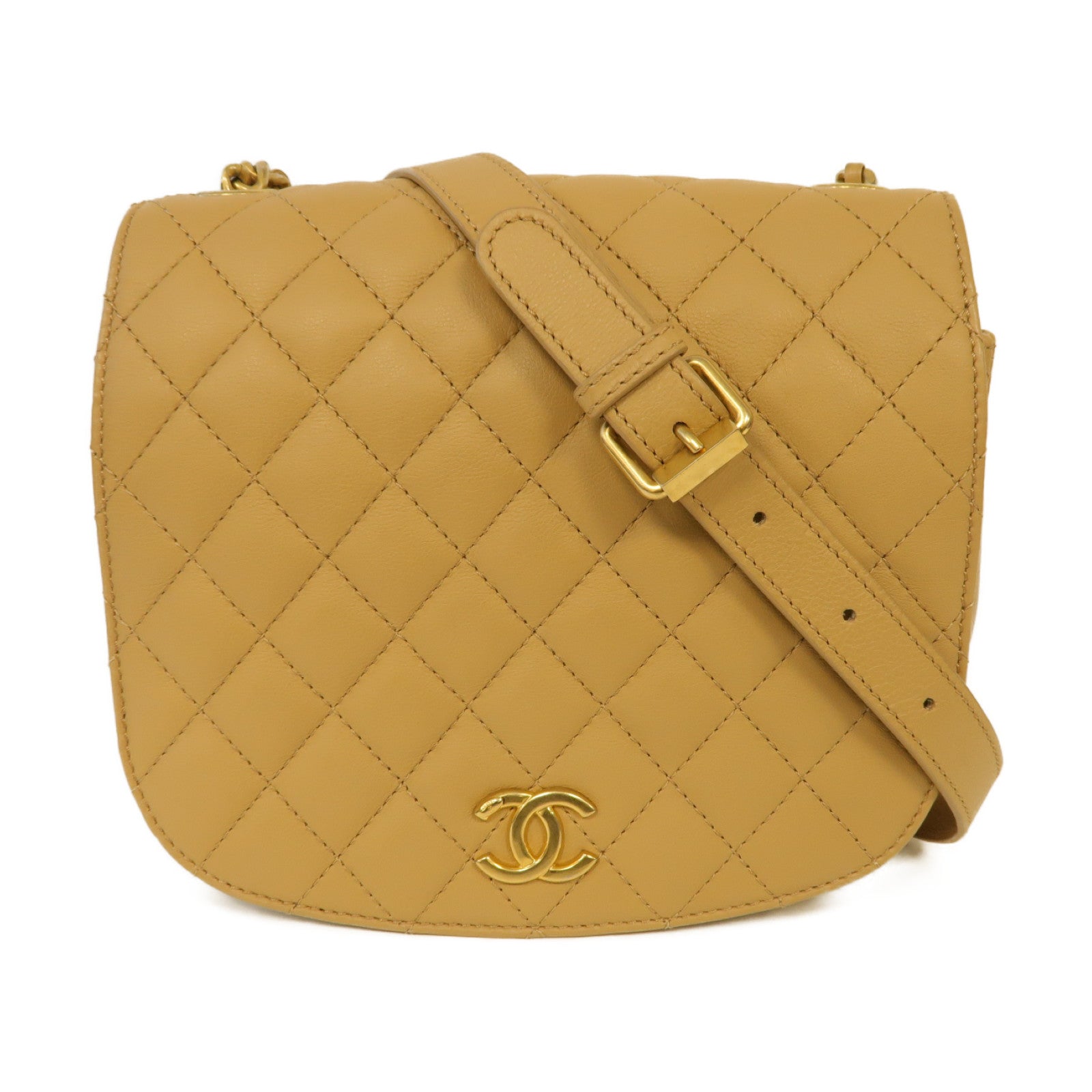 CHANEL 【激減優惠】菱格羊皮皮革Chain Shoulder金扣鏈帶肩背袋米色