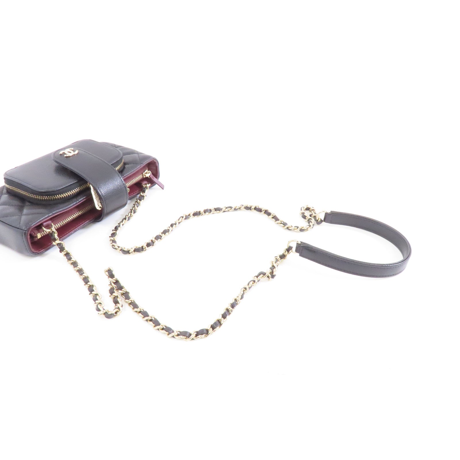 CHANEL 菱格Caviar皮革Affinity Phone Bag金扣鏈帶肩背袋黑色