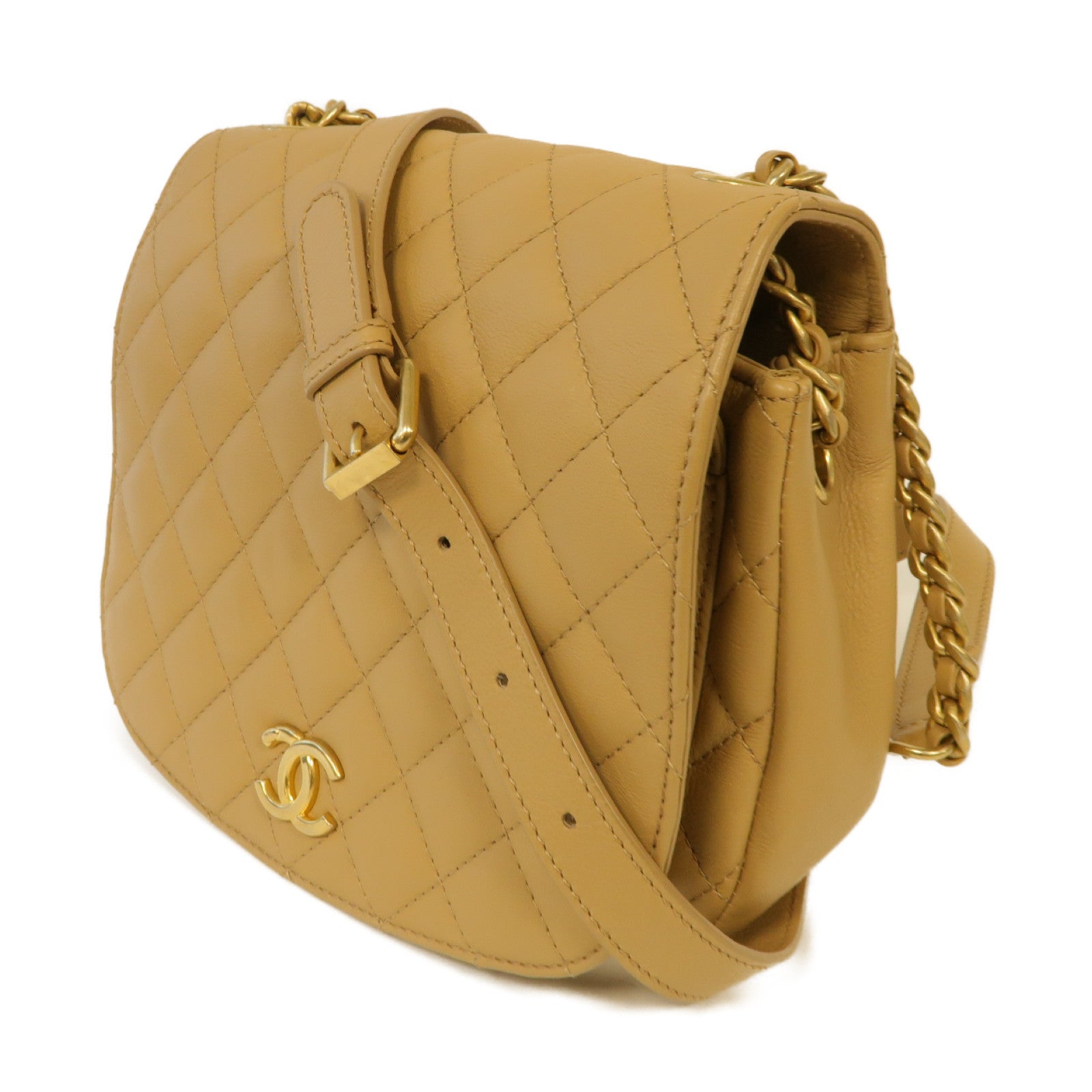 CHANEL 【激減優惠】菱格羊皮皮革Chain Shoulder金扣鏈帶肩背袋米色
