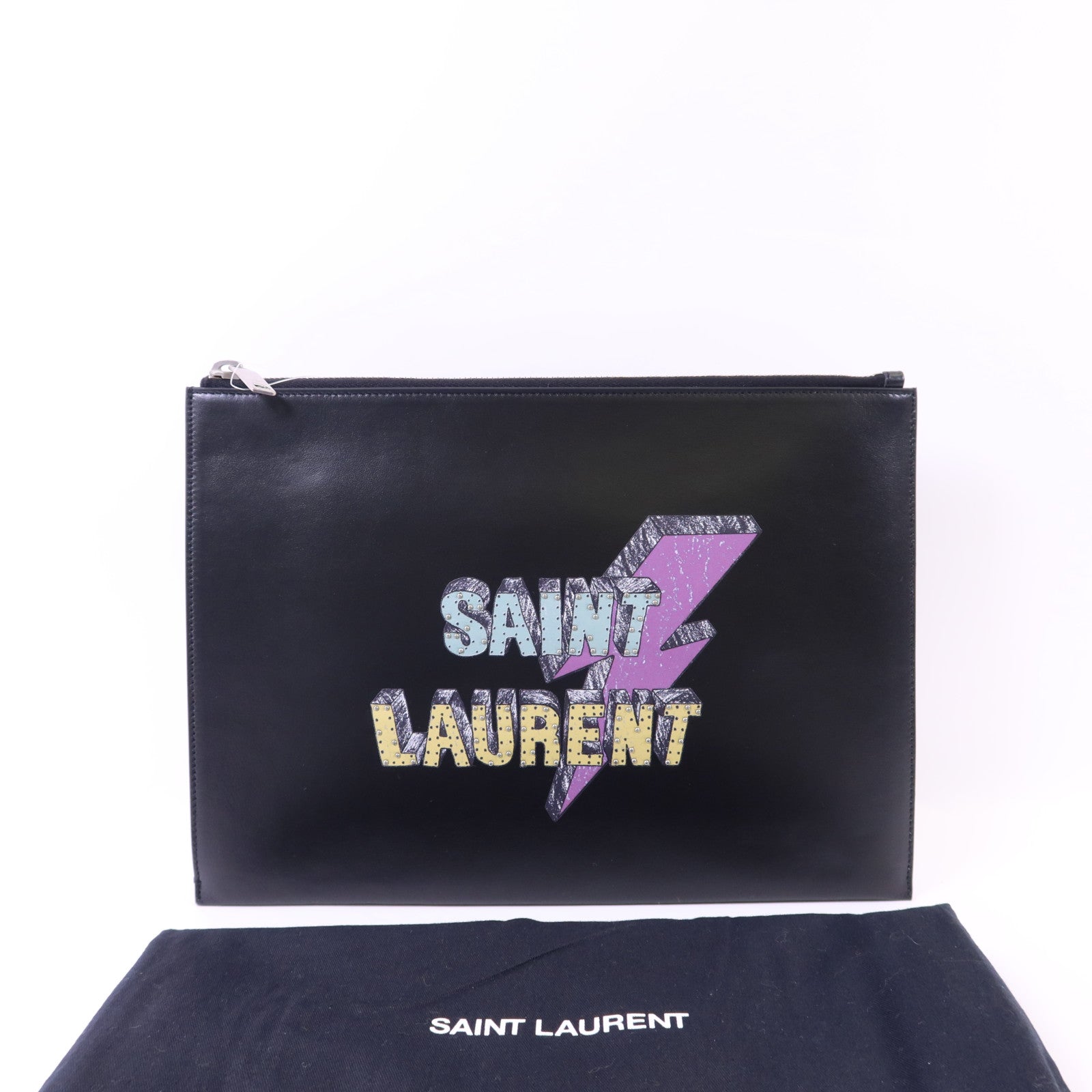SAINT LAURENT 牛皮皮革Pouch銀扣手拿包