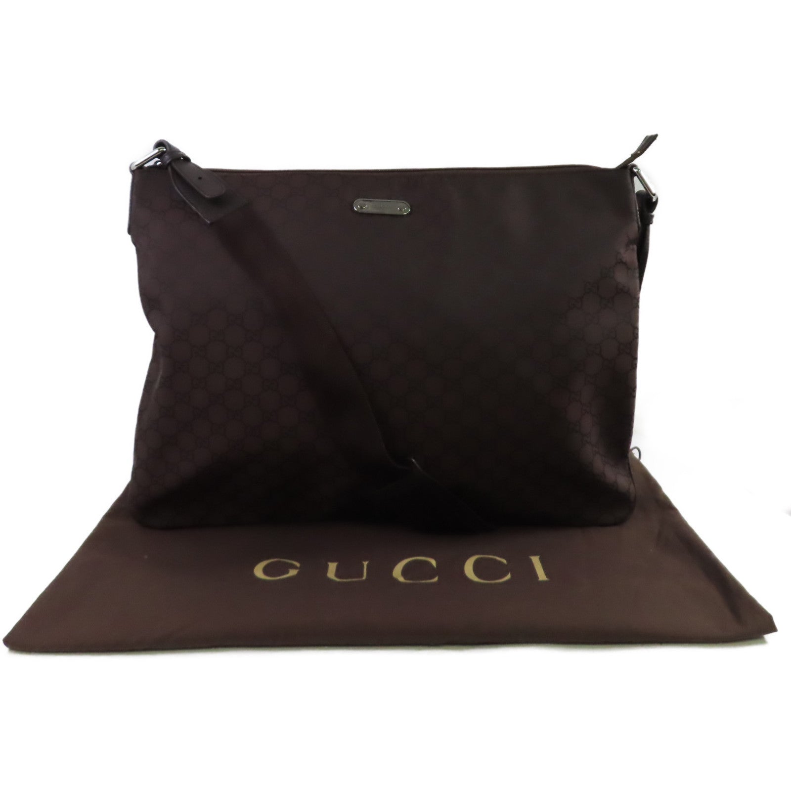 GUCCI GG尼龍帆布Shoulder Bag銀扣肩背袋啡色
