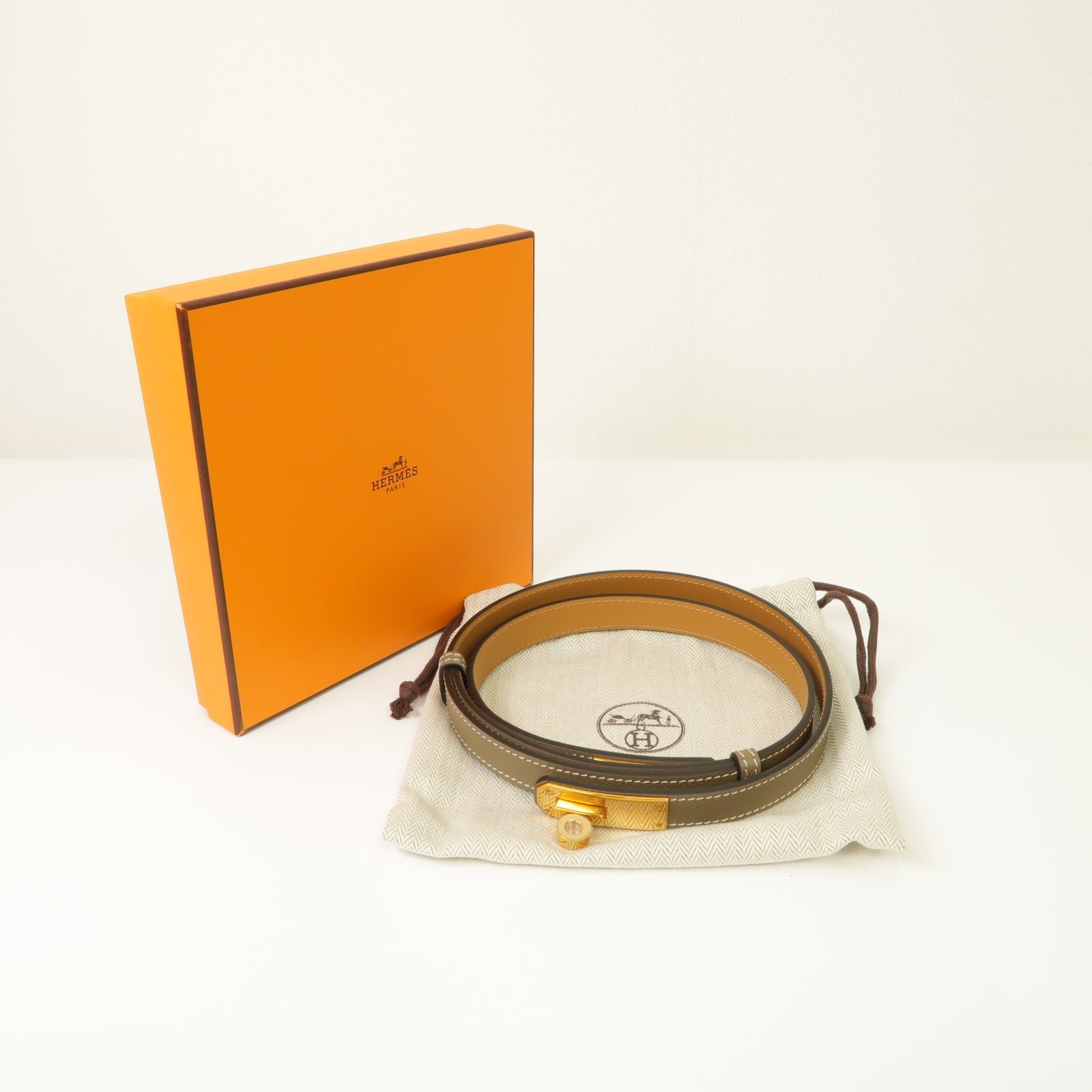 HERMES Epsom皮革Belt金扣皮帶灰色