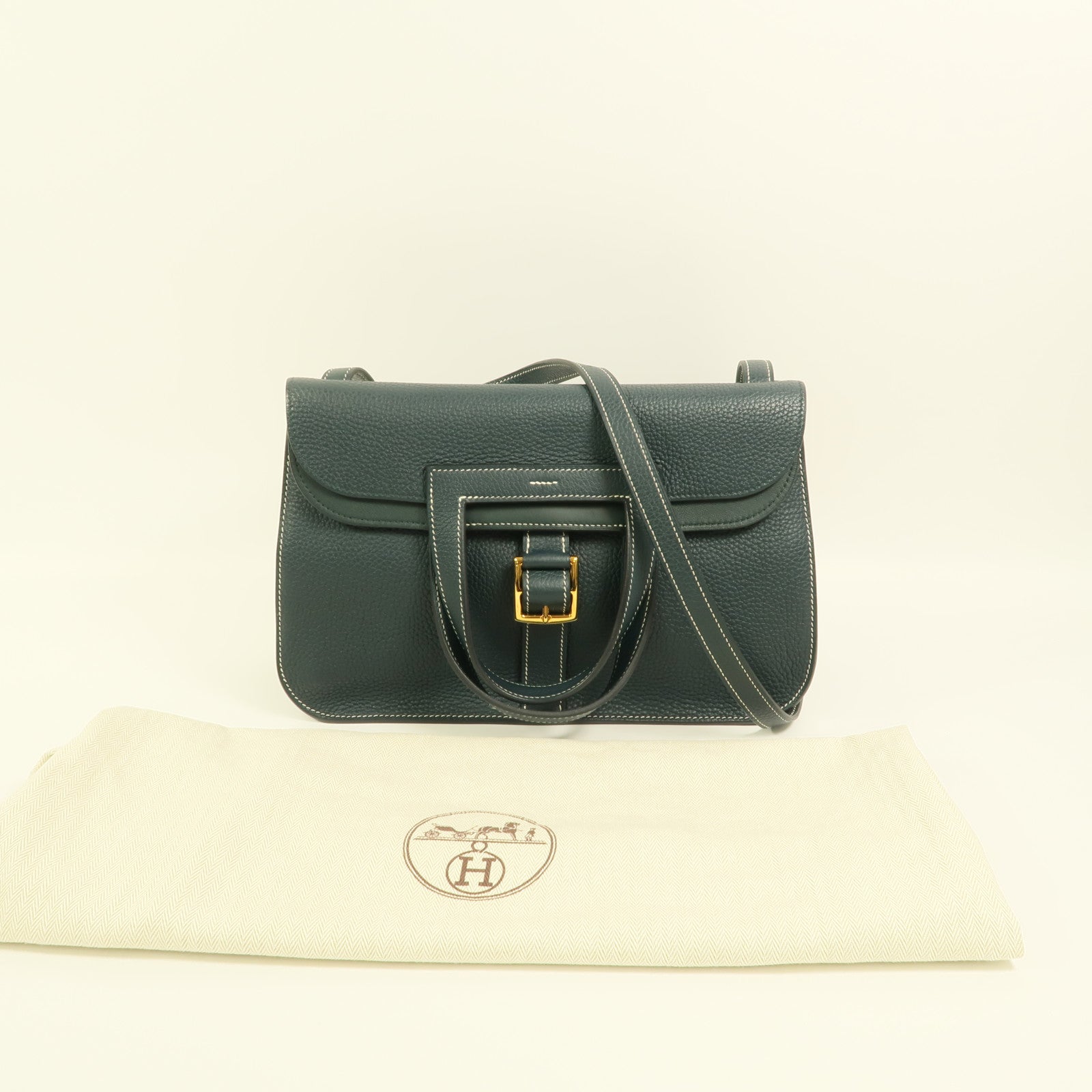 HERMES Clemence皮革Halzan 31手挽肩背兩用袋Vert Cypres