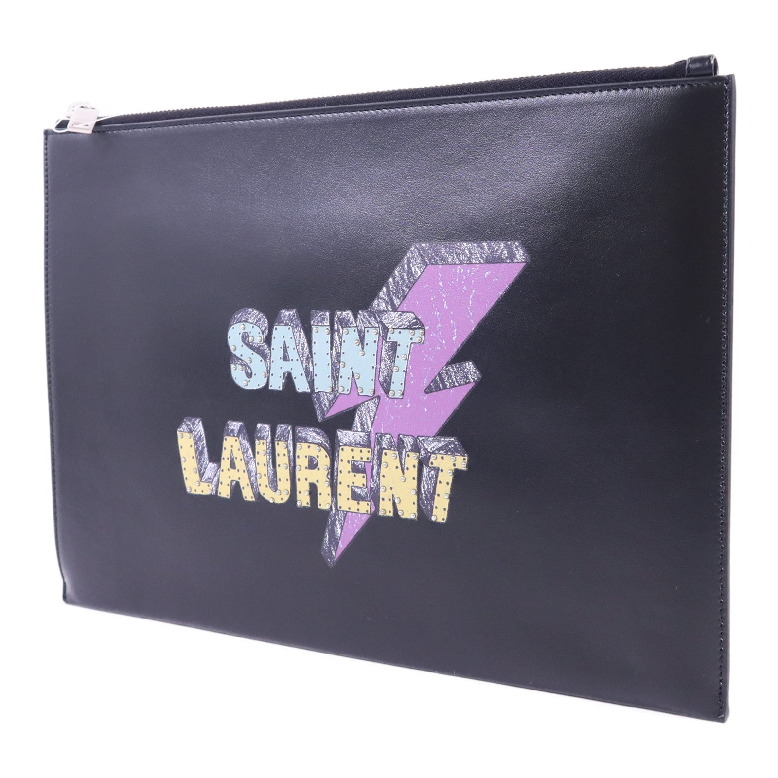 SAINT LAURENT 牛皮皮革Pouch銀扣手拿包