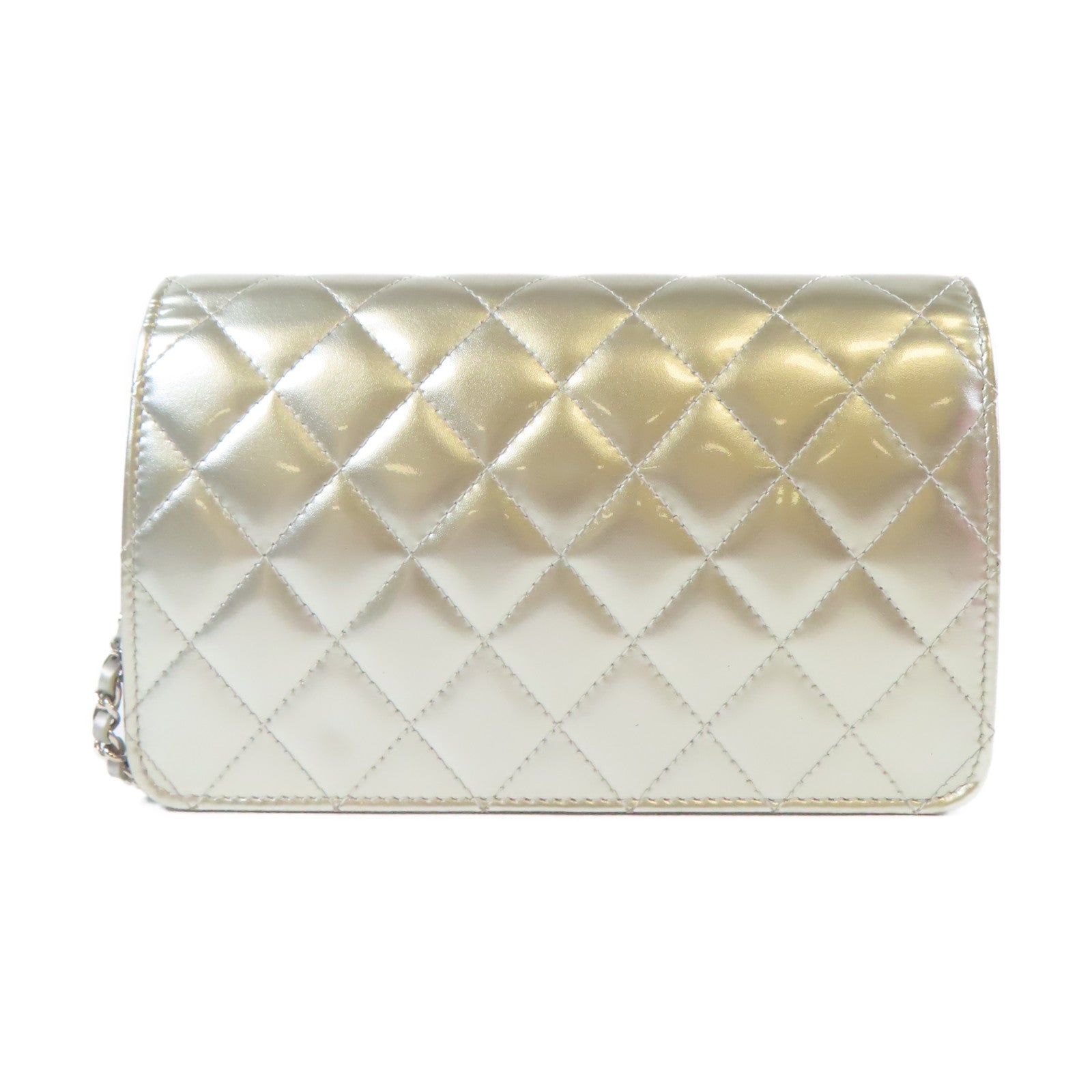CHANEL 【清倉大減價】菱格漆皮皮革Wallet On Chain銀扣鏈帶肩背袋銀色