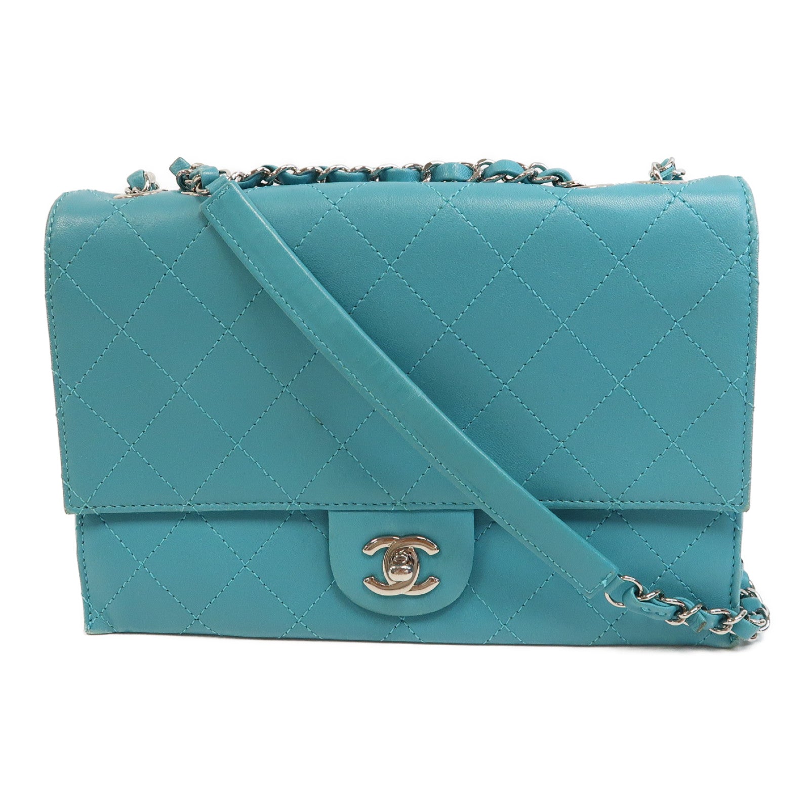 CHANEL 【激減優惠】菱格羊皮皮革Shoulder Bag銀扣鏈帶肩背袋綠色