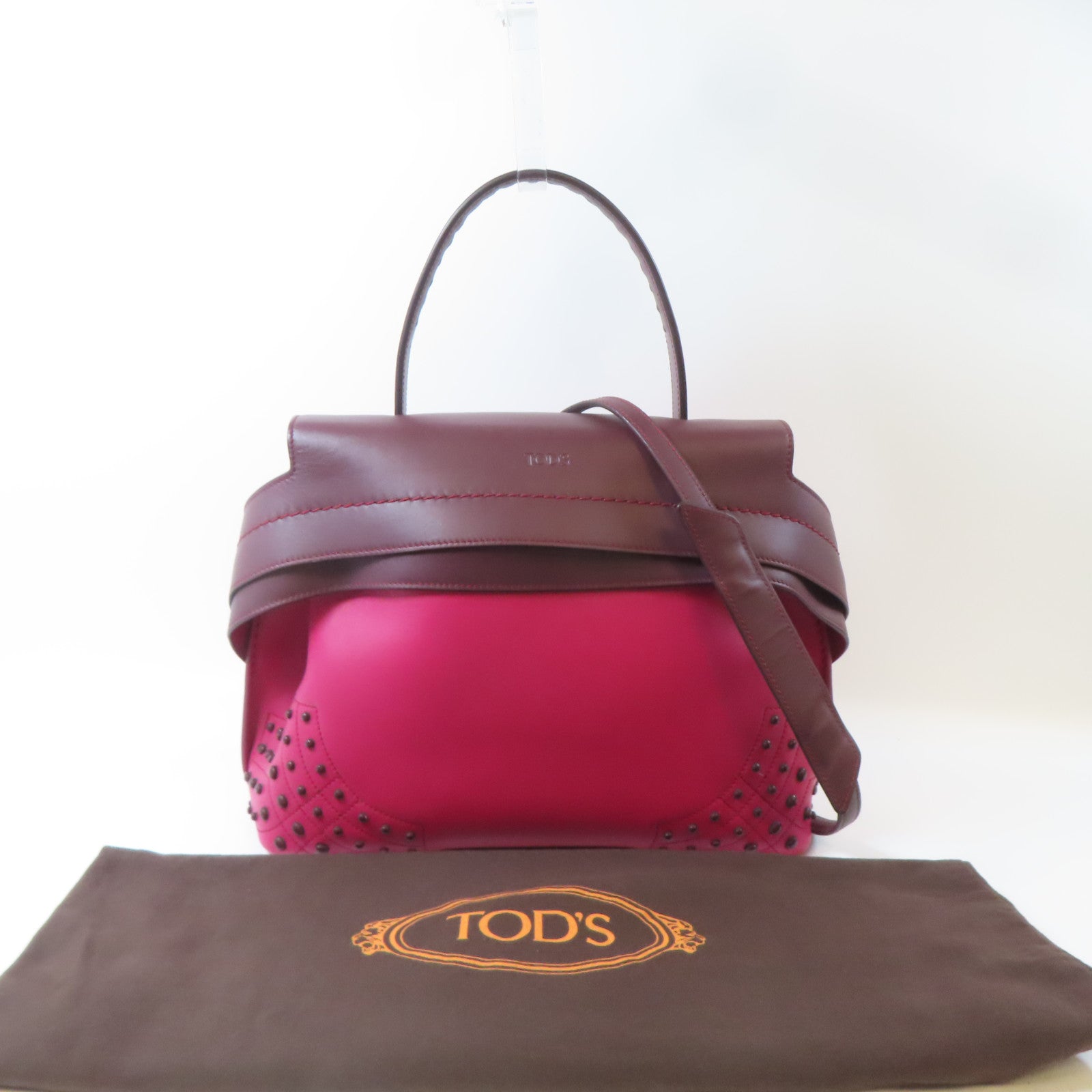 TOD’S 牛皮皮革2 Way Shoulder Bag銀扣手挽肩背兩用袋桃紅色