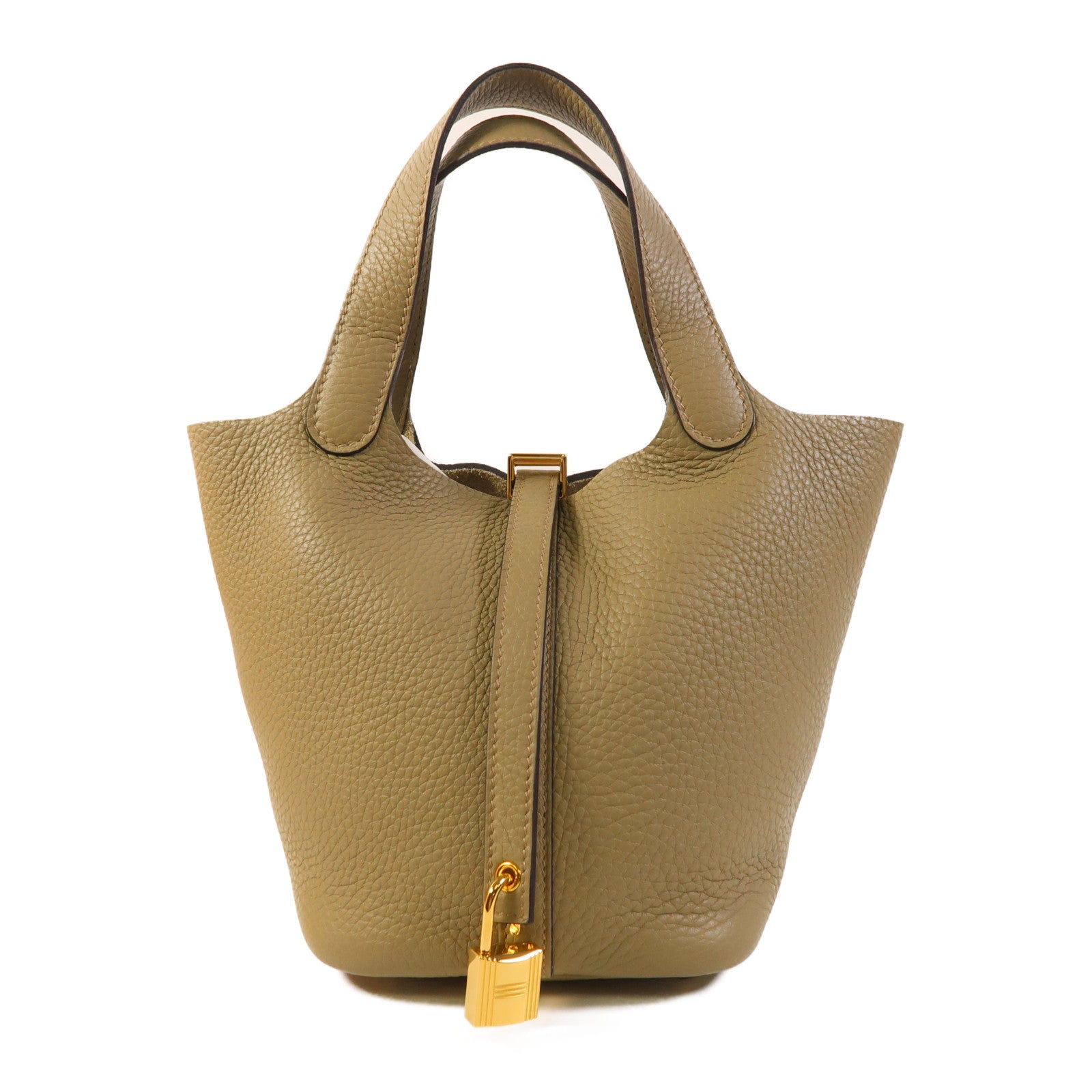 HERMES Clemence皮革Picotin PM金扣手挽袋Beige Marfa