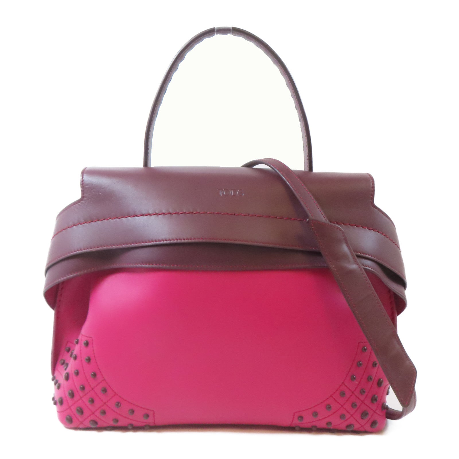 TOD’S 牛皮皮革2 Way Shoulder Bag銀扣手挽肩背兩用袋桃紅色