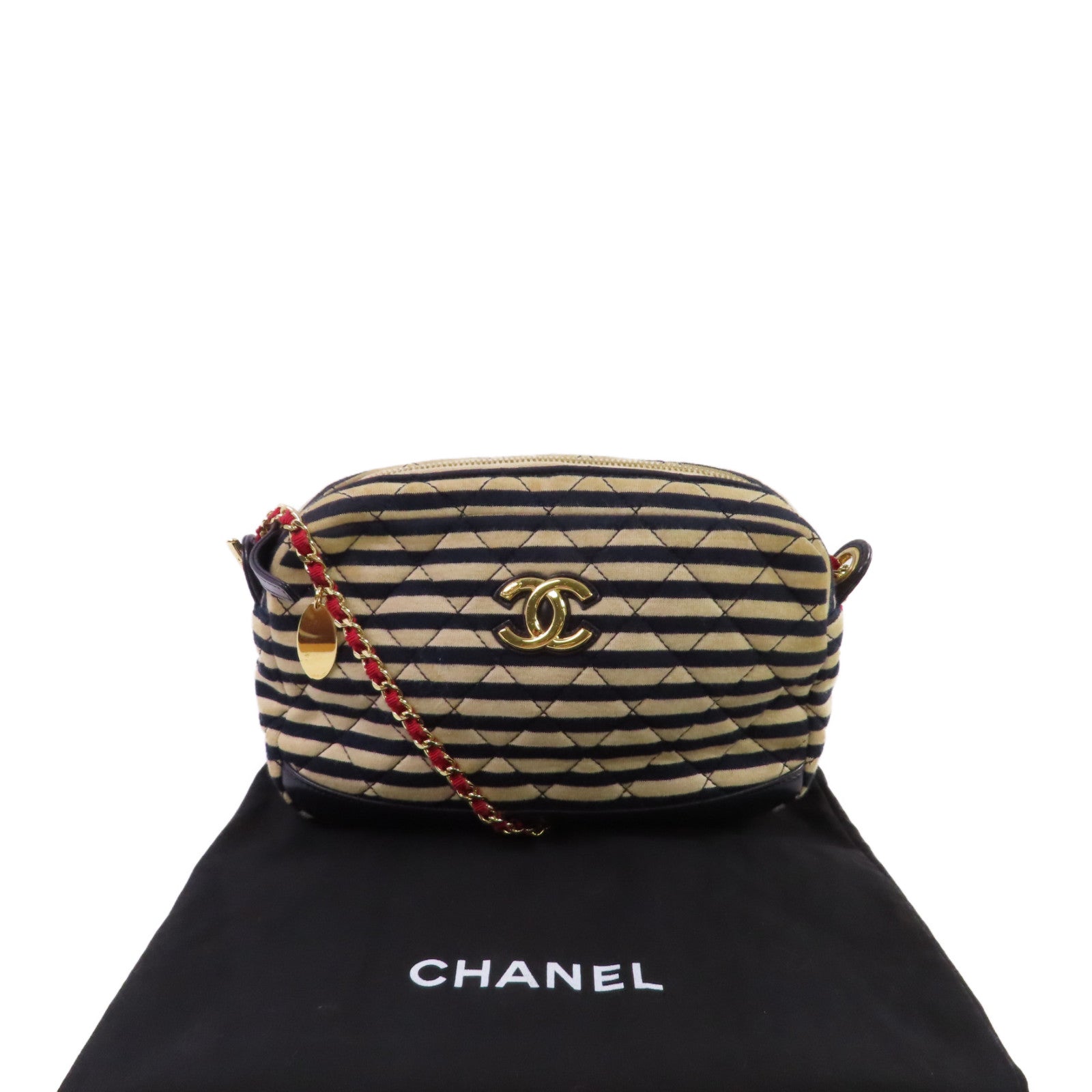 CHANEL 帆布Chain Shoulder Bag金扣鏈帶肩背袋杏色/寶藍色